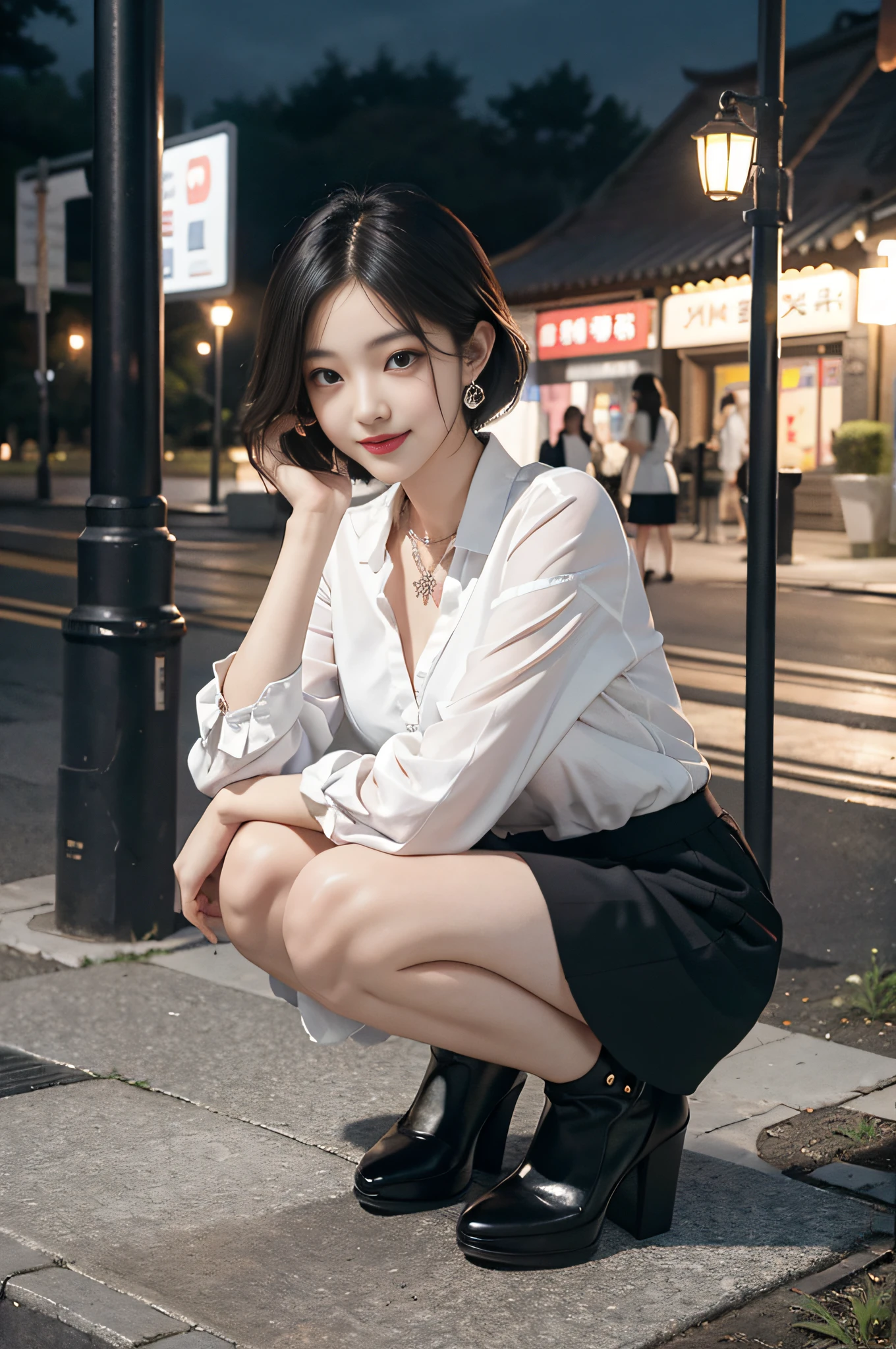 8K RAW photos, high resolution, slender Korean at 17 years old, big round breasts, formal shirt, formal skirt, very thin mouth, duck mouth, smile,, beautiful eyes in detail, slender eyes, three white eyes, cheeks, long eyelashes, beautiful double eyelids, eyeshadow, beautiful thin legs, stockings, necklace, earrings, short hair, in front of the station at night, flower bed at night, Squatting, high-end high heels