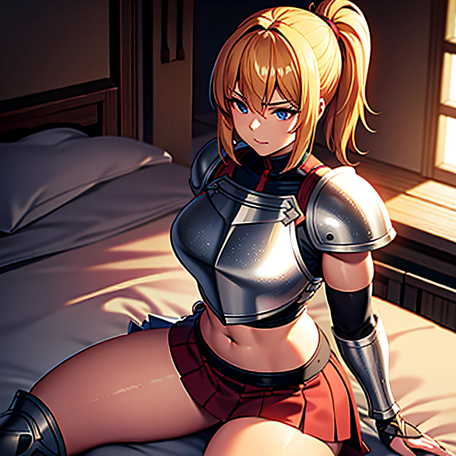 solo focus, a muscular female paladin with a short strawberry blonde ponytail loses a dual, plate mail, exposed midriff, armored skirt, sword and shield, sitting down, bedroom eyes, aroused