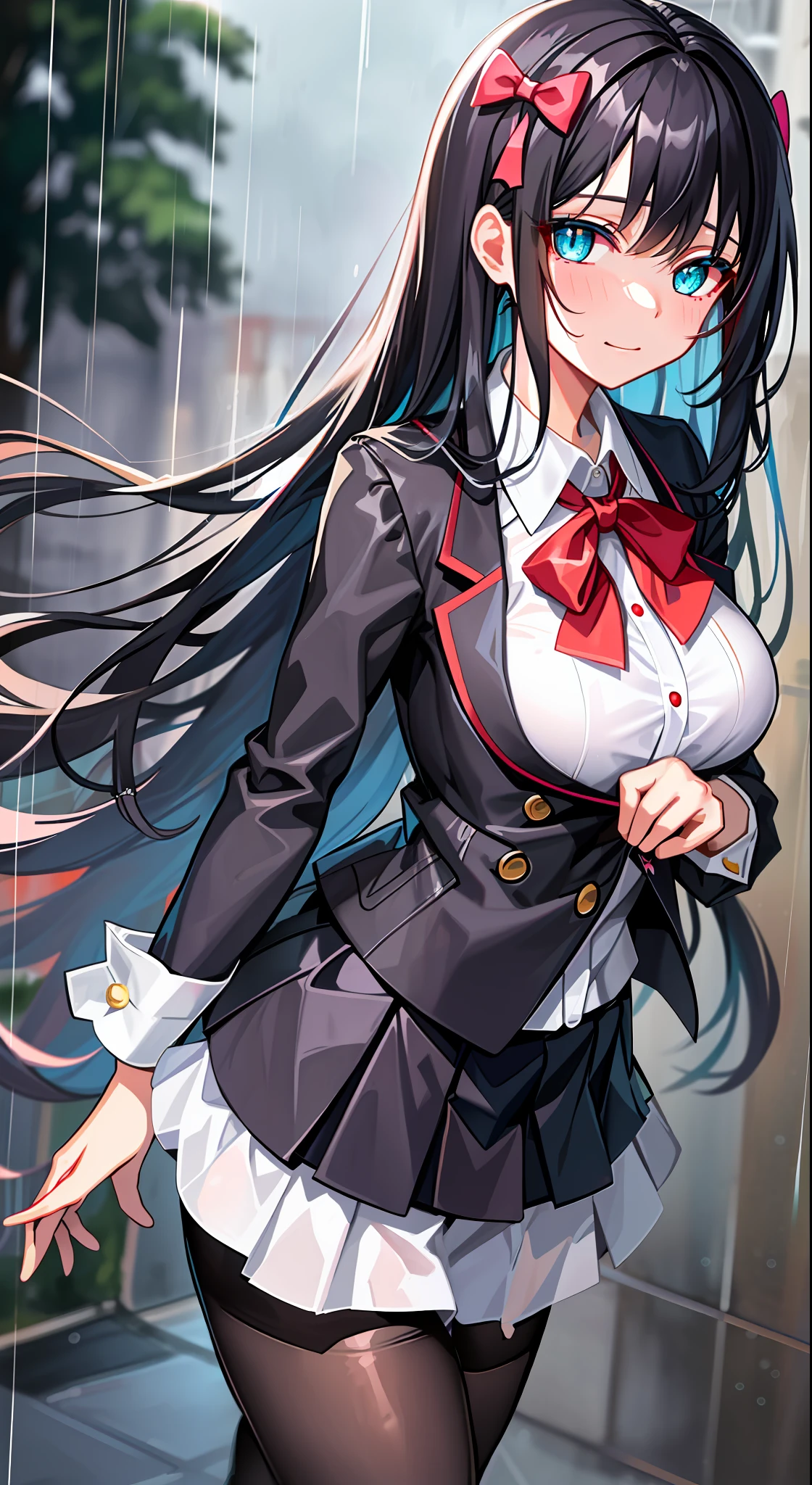masterpiece, very long hair, best quality, in the rain, rain, kawaii, adorable girl, black hair, beautiful detailed eyes, gradient_eyes, aqua eyes, looking at viewer, laughing, shy, large breasts, miniskirt, white pantyhose, torn pantyhose, hair_bow, hair ornament, undressing, school uniform,