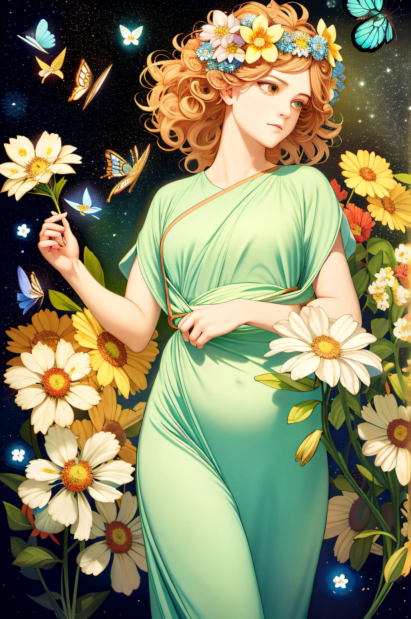 (Art Nouveau: 1.25), Minimalist Art Style, Neon Theme, Suprematism, Beautiful Detailed Flowers, Beautiful Detailed Eyes, Ultra Detailed, Flower, Super Mass, Eyes, Flowers and Hair Are the Same Color, Beautiful Color, Face, Her Hair is Turning into Flowers, Flowers, Hair, Flowers, Butterflies, 1girlkawaii,, High Detail, High Quality, Backlit, Hair and Clothes Are Flowers, Upper Body, High Quality, Hair and Body, Nudity, Upper Body, Flower Legs, Flower Hands, Body with Flowers , light particles, black background, hair and flowers, small breasts and flowers, floating hair and flowers, floating girl, plump breasts, marbling with hair and clothes, looking at the audience, original, arm down, paper cutout, starry sky, flower field, hair and flower, high, hair and flower, hair and flower, hair, wavy curls, diffuse lighting, abstract, butterfly and body, flower with hair, her hair is flower, floating, pupil, [[hair on one eye]], dark