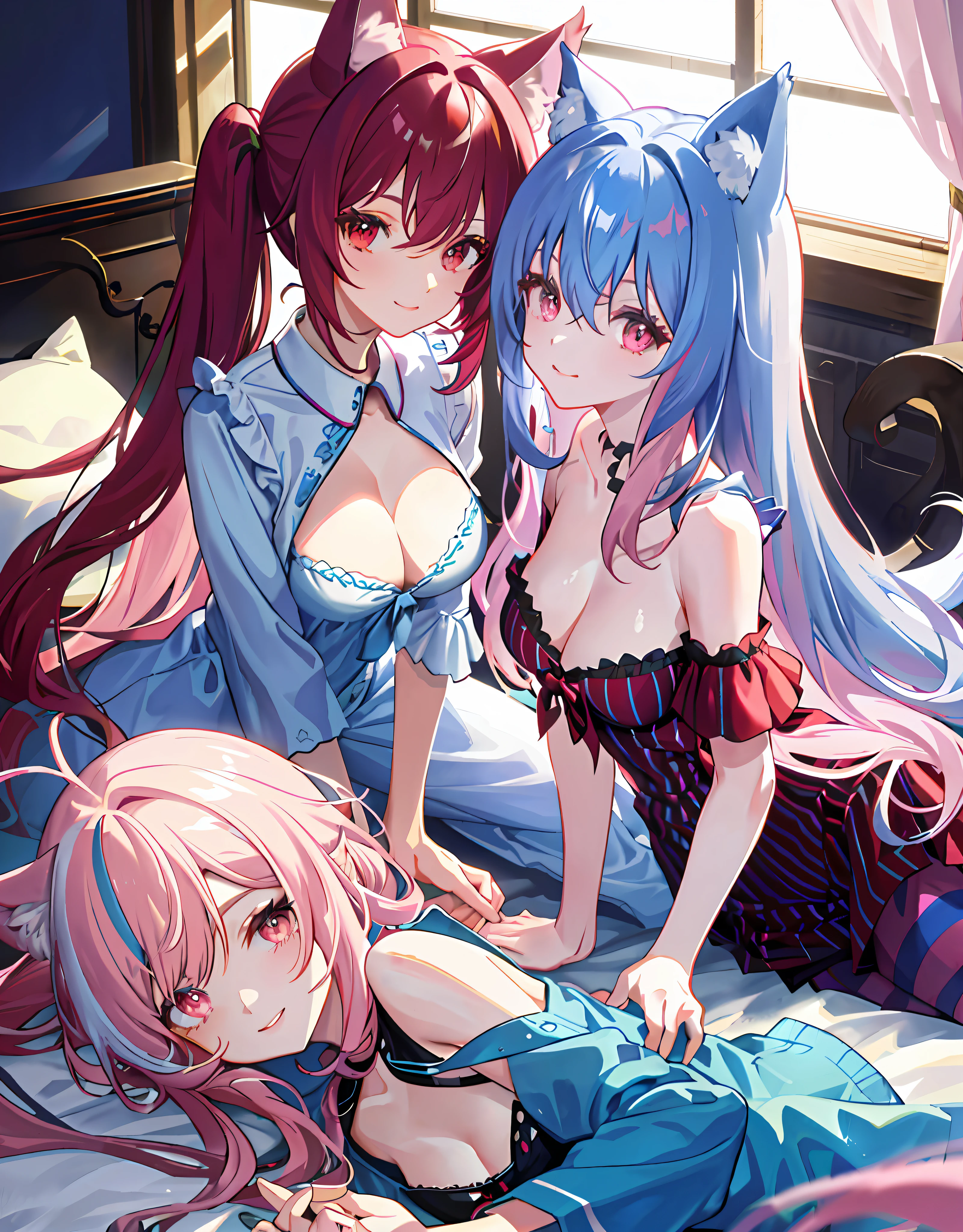 Dynamic Angle, 8k, Thick Paint 5, Movie Scene, Perfect Anatomy, Detailed Face, Ultra Detailed Eyes, Upper Body, 2 Girls, Smile, Wolf Ears, Wolf Tail, Pink Eyes, Hair Between Eyes, Striped Hair, Striped Hair, (((Colorful Hair Color: 1)))), (Random Hair Color: 1))), Colorful Hairstyle: 2, ((Perfect Fingers, Perfect 5 Fingers)))), D Cup, Cleavage, Upper body, 1 girl, smile, wolf ears, wolf tail, pink eyes, hair between the eyes, striped hair: 5, colorful hair color: 5, jewels at the ends of the hair, twin tails, (in thin pajamas with fluttering chest: 15), cute embroidered pajamas, AI super luxurious bedroom and cute interior: 5, (on the bed: 15) on all fours, looking at the viewer embarrassedly and laughing, Turning around from behind, blushing, morning sun shining through the window,