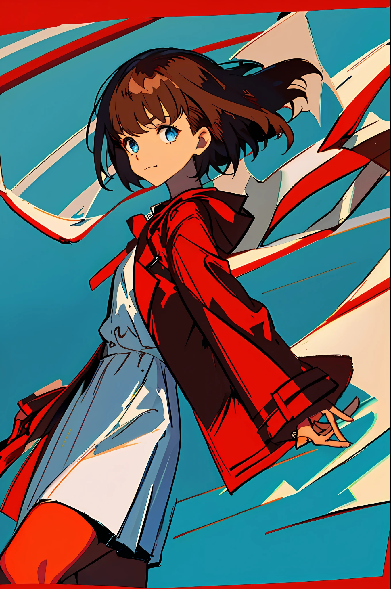 1girl, solo, red jacket, short hair, brown hair, jacket, looking at the viewer, blue eyes, closed mouth, cowboy shot, short sleeves, bow on the head