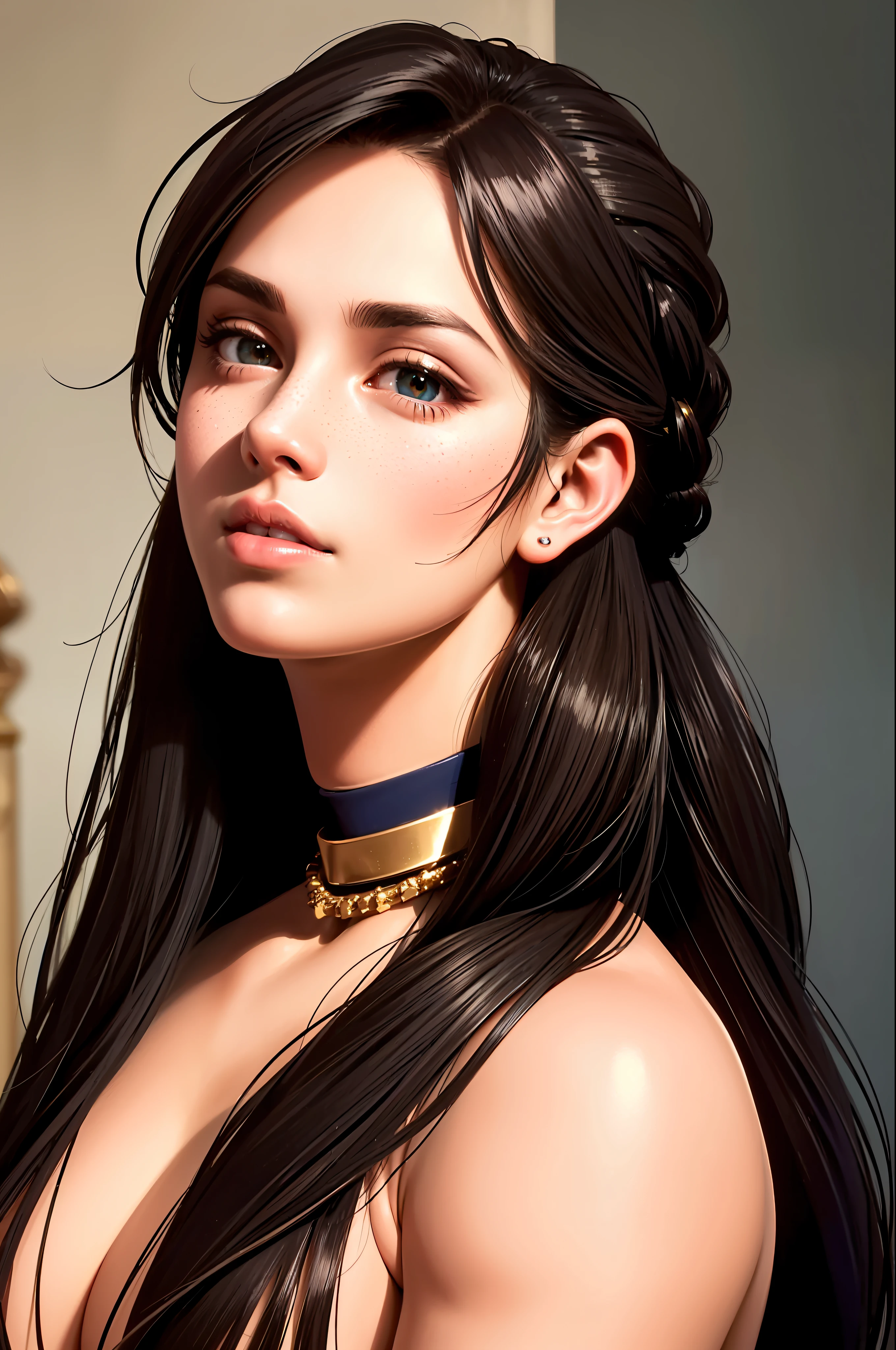 masterpiece, solo, highly detailed, ultra-detailed, ultra high res, (photorealistic:1.333), (best quality), (best shadow),detailed, perfect lighting, dark brown hair, very long hair, braids, [face freckles], (blue eyes), choker, smokey make up,  close up, portrait, in a royal palace bath hall,