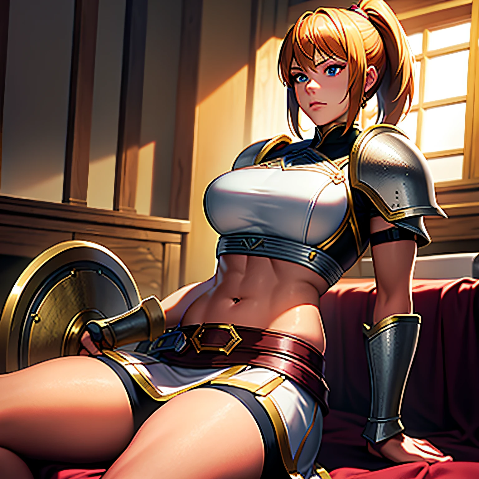 solo focus, a muscular female paladin with a short strawberry blonde ponytail loses a duel, plate mail, exposed midriff, armored skirt, sword and shield, sitting down, bedroom eyes, aroused