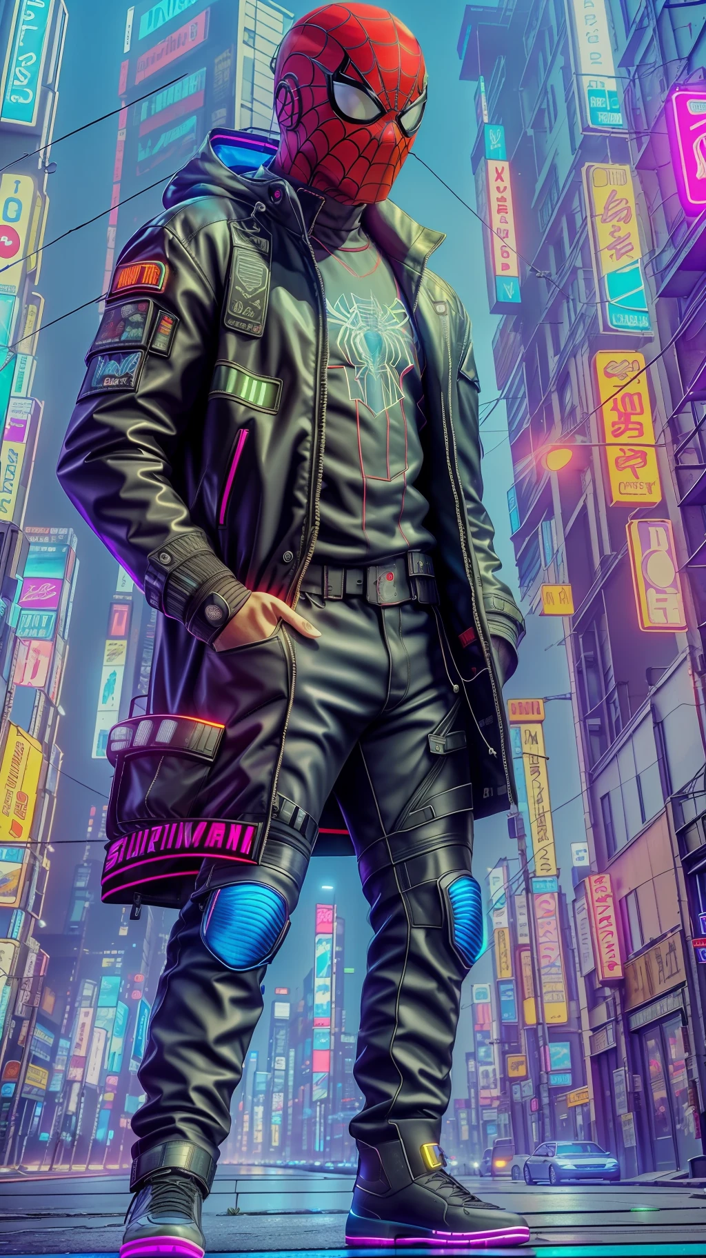 (8k, RAW photo, best quality, masterpiece: 1.2), (photorealistic: 1.6) ,A beautiful cyberpunk city, a cyberpunk Spider man with a cyberpunk coat,neon light --auto --s2