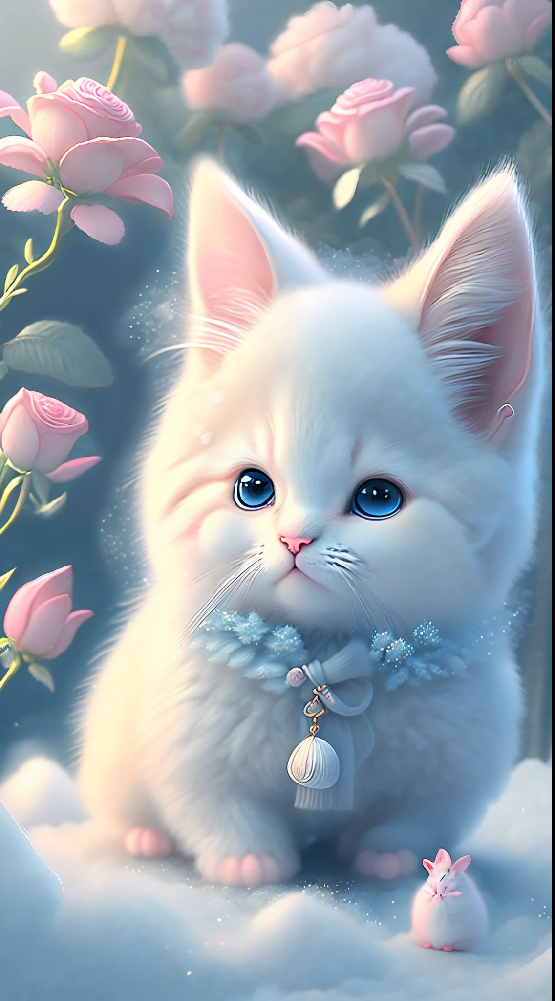 In this ultra-detailed CG art, cute kittens surrounded by ethereal roses, laughter, best quality, high resolution, intricate details, fantasy, cute animals, left, funny, left!! Mouth!!! Laugh!!!