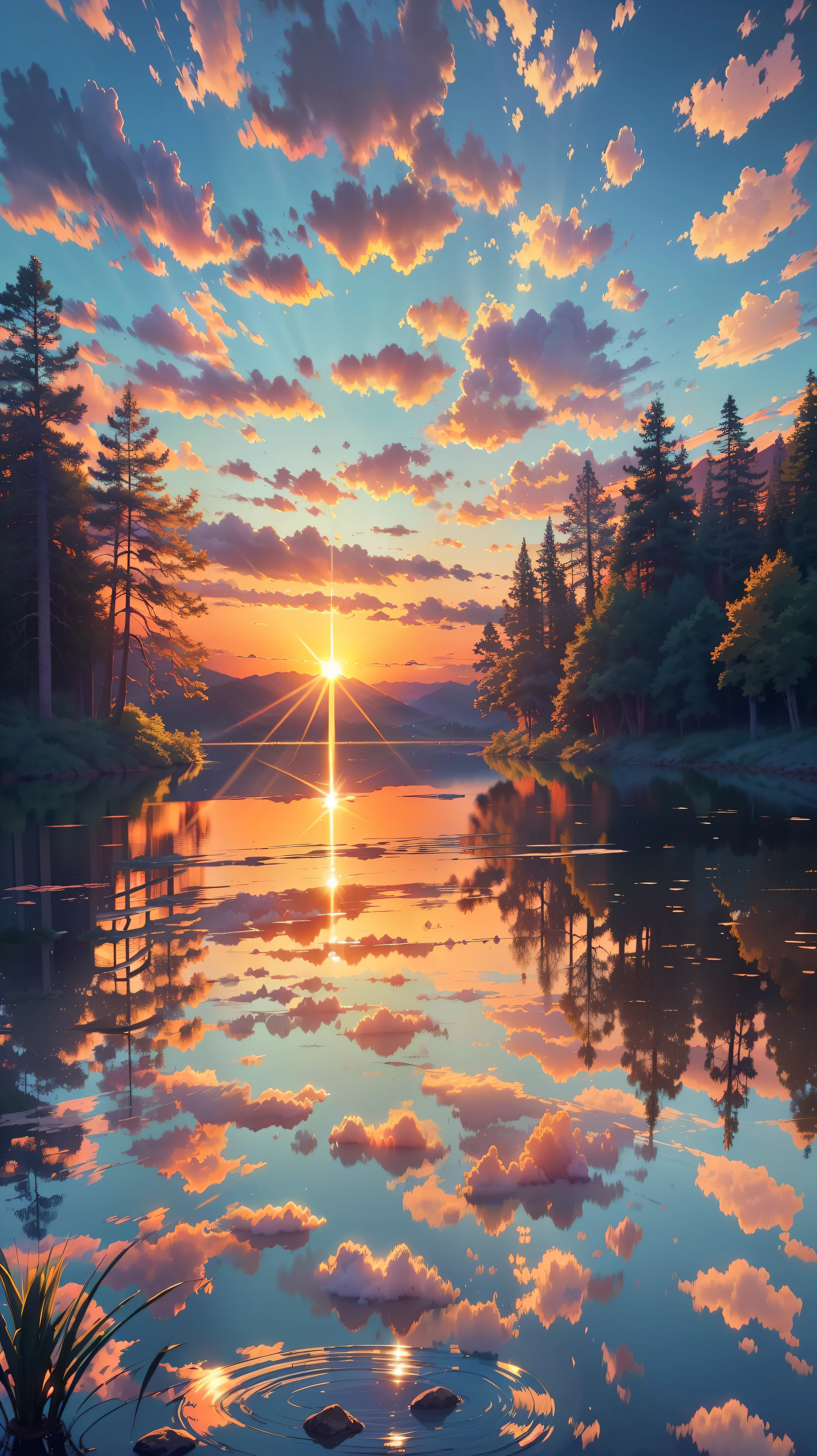 (8k, RAW photo, best quality, (photorealistic: 1.6) gorgeous sunset,reflecting on lake,beautiful and realistic reflection,(((anime))),sun rays,((hdr)),vibrant colors,(((masterpiece)))