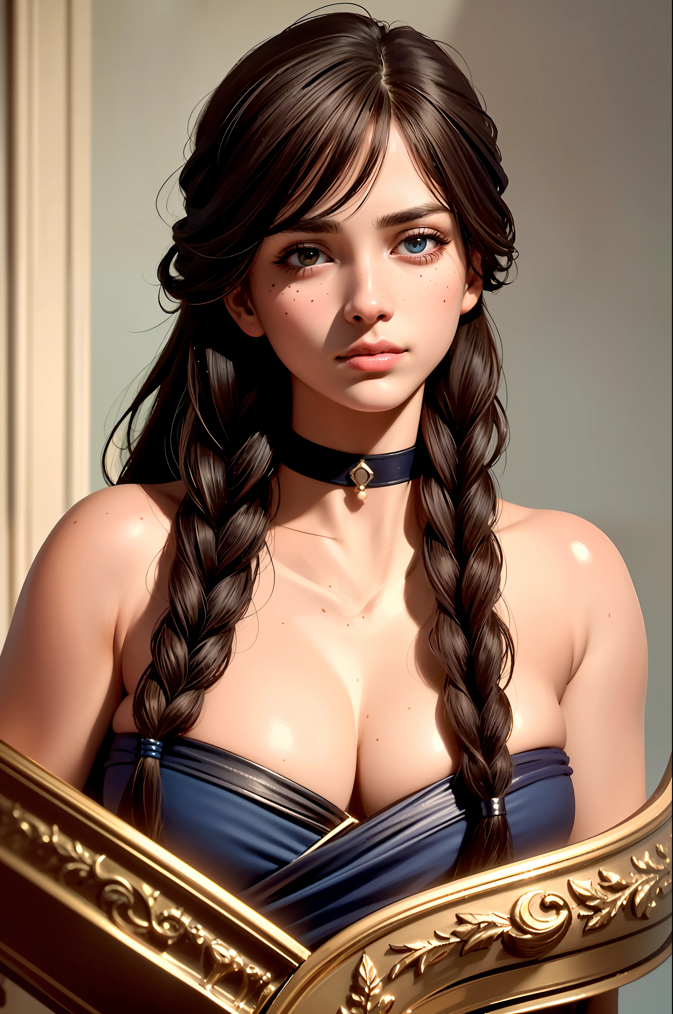 masterpiece, solo, highly detailed, ultra-detailed, ultra high res, (photorealistic:1.333), (best quality), (best shadow),detailed, perfect lighting, dark brown hair, very long hair, braids, [face freckles], (blue eyes), choker, smokey make up,  close up, portrait, in a royal palace bath hall,