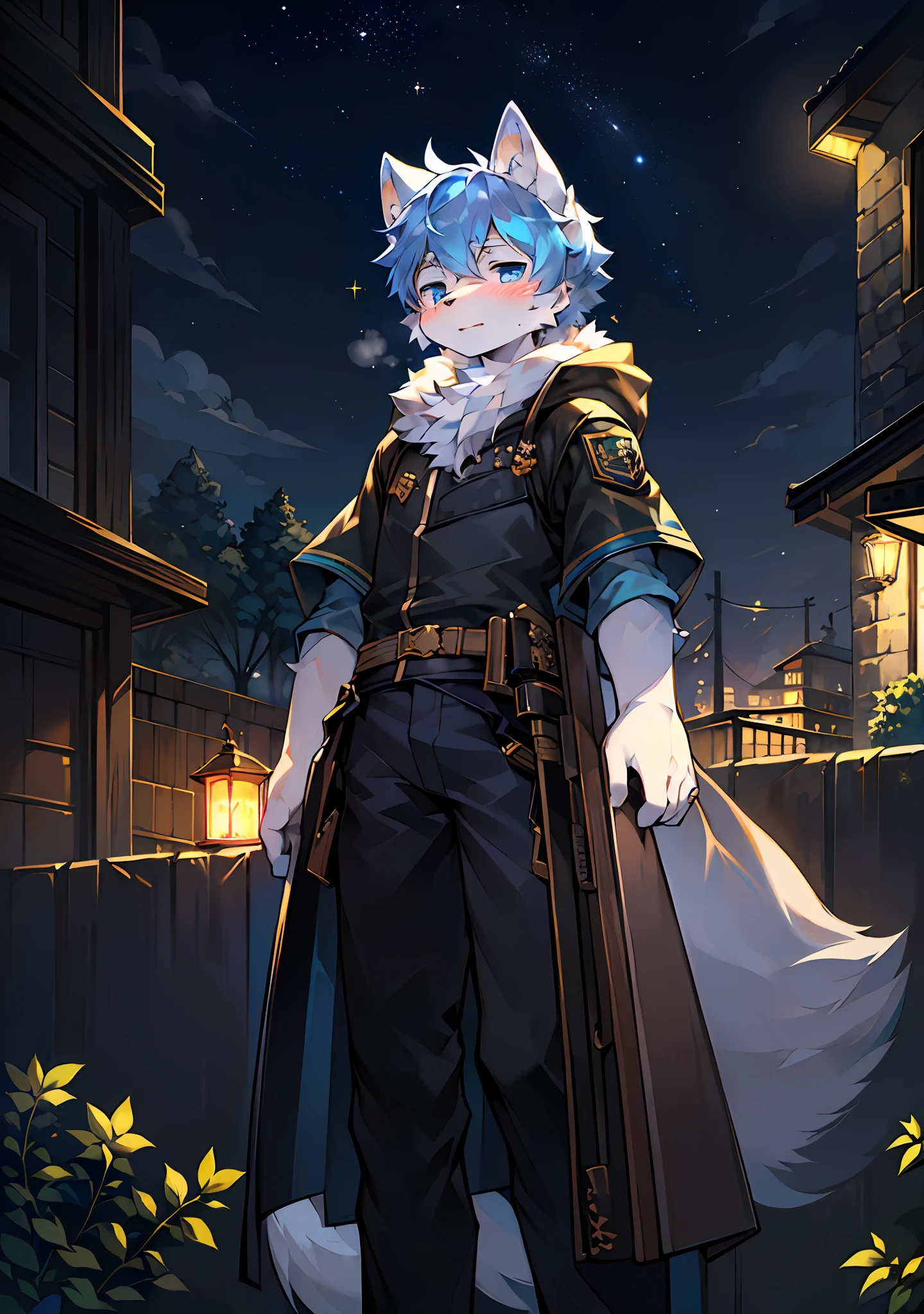 (masterpiece:1.3), (2D:1.0), (anime:1.0), (illustration:1.0), (sharp:1.2), (hard light:1.0), (shadow:1.0),(reflection, refraction:0.8), (light, dappled light, glare, lens flare, Tyndall effect: 1.0), (sharp, shiny: 1.0), (Best Quality: 1.2), (Ultra Fine: 1.0), (Extremely Complex: 1.0), (Blurred foreground, Cinematic Light, Ray Tracing: 1.1), (bright_colors, dark_intense_shadows: 1.1), (Impasto, Colorful: 1.2), (warm_light_from_below, glow_white_ particles:1.1),(Ensemble_Stars! _\(style\):0.95). wolf_boy,anthro,uploaded_on_e621,solo,upper_body,cowbow_shot,male_focus,furry_kemono,furry_male,cub,young_male,bishounen,11_years_old,kawaii,cute,fancy,fragile,cool, handsome. detailed_fluffy_fur,tuft,(white_fur,body_fur,oil_skin,skin_with_fluffy_fur:1.3),animal_nose,animal_ear_fluff,fluffy_paws,pawpads,animal_hand,fluffy_big_tail。 (bulletproof helmet, camouflage uniform, : 1.5), boy short hair, blue and white hair, full blue hair, blue eyes, bangs, shut up, light blush, bottomless, holding assault rifle, aiming with gun raised (feet apart, standing: 1.2) (night, starry_sky, crescent_moon, star_\(sky\), gem, plant, star_\(symbol\), sparkle), outdoor, landscape.