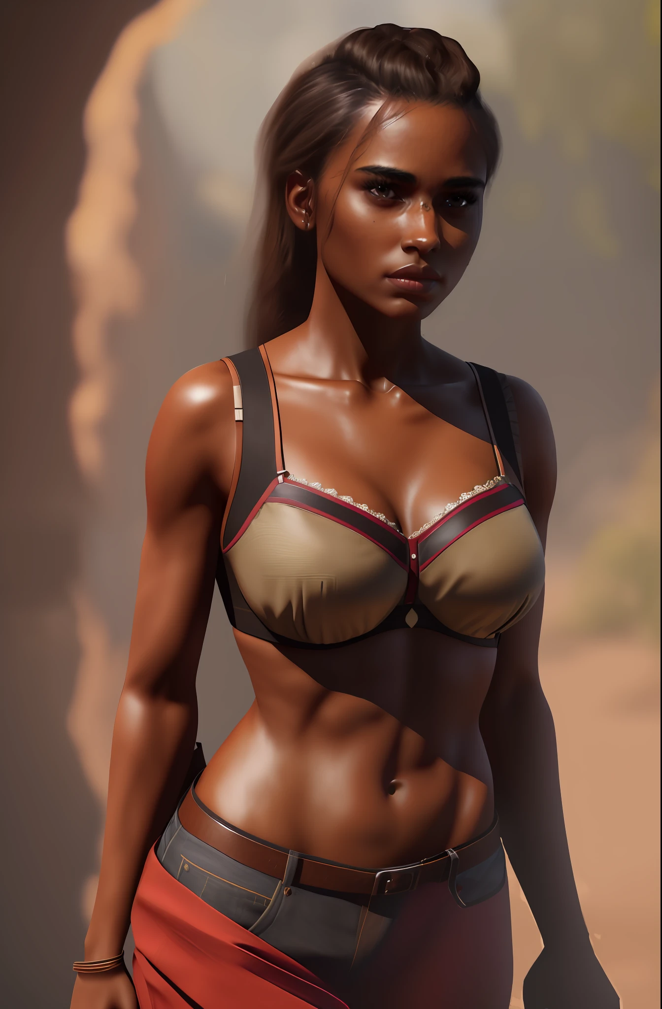 (best quality, masterpiece:1.2), A woman with brown skin, dark skin, portrait, bra, sensual, realistic, 8k ((realism))