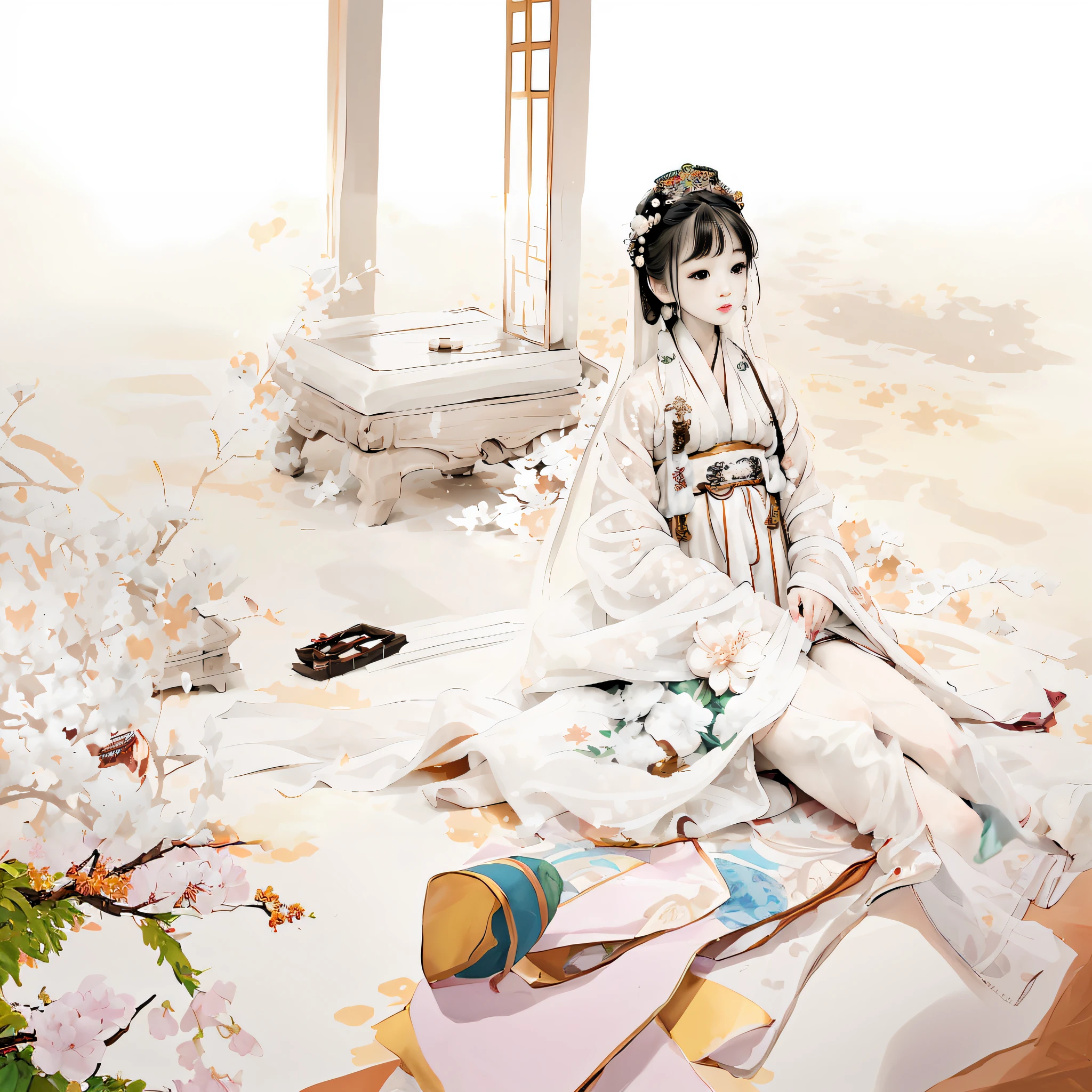 Beautiful fantasy queen, dressed in traditional Chinese Han costume, sitting in the palace, quiet and elegant. As a princess, she is cute and lazy, as if she is a masterpiece of Güwetz style. (Note: The optimized Prompt does not require English parentheses)
