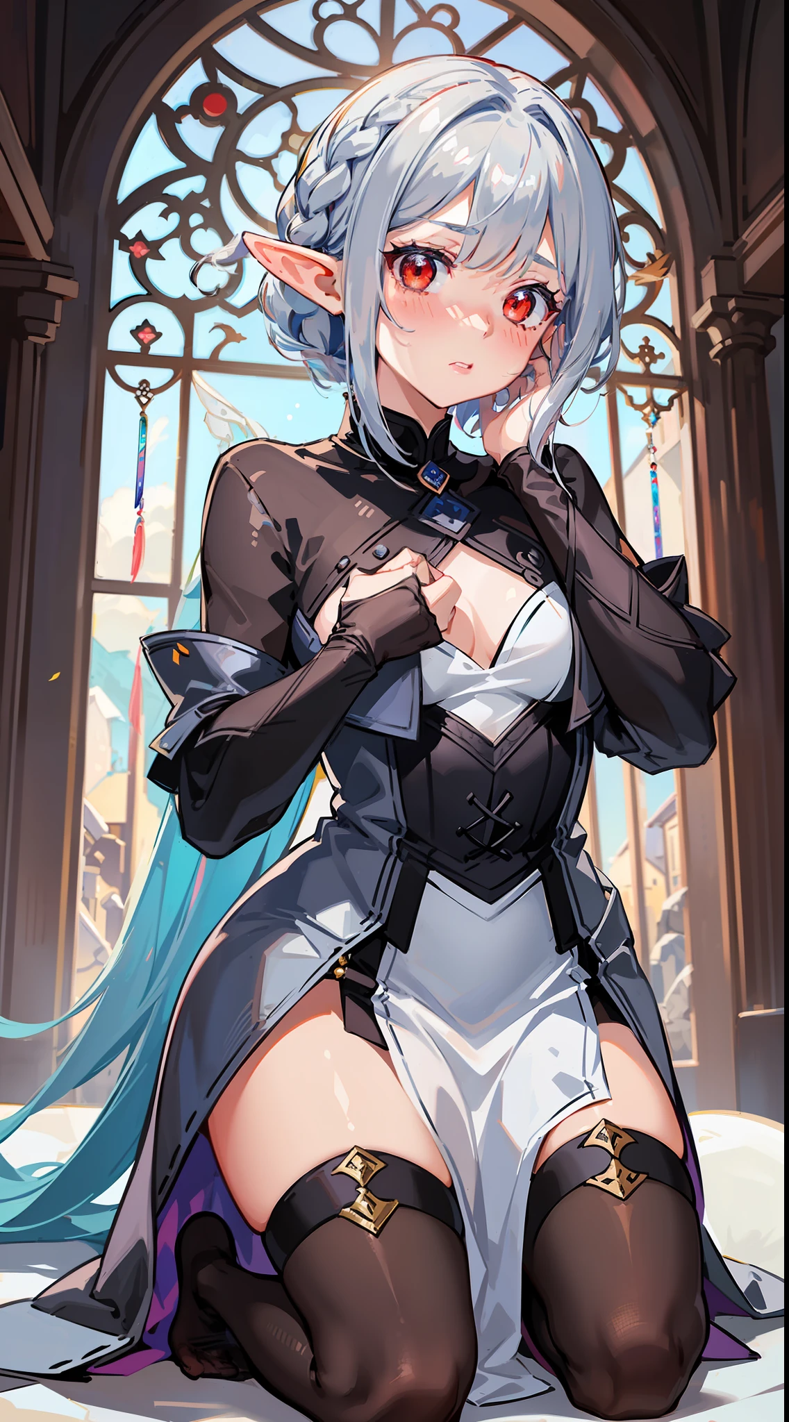 1 Girl close-up, elf, silver hair, red eyes, bob cut, braid, ((facing forward)), ((putting both hands on one's face)), ((surprised)), (blushing), fantasy style costume, wizard, robe, long skirt, tights, indoors, kneeling, concept art, beautiful anime scene, beautiful anime scenery, top rated on pixiv, top quality, 4K