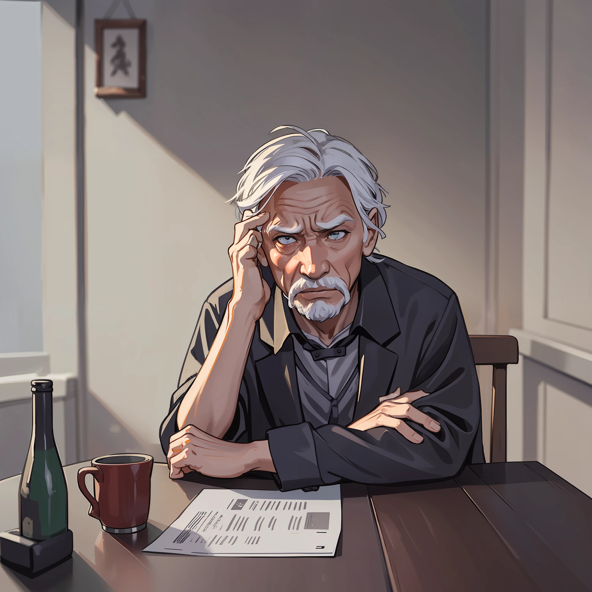 Old man, sad expression, dining table, Taoist dress, horror atmosphere, shade, desolation, doomsday atmosphere, cold tones, dim light, flat lines