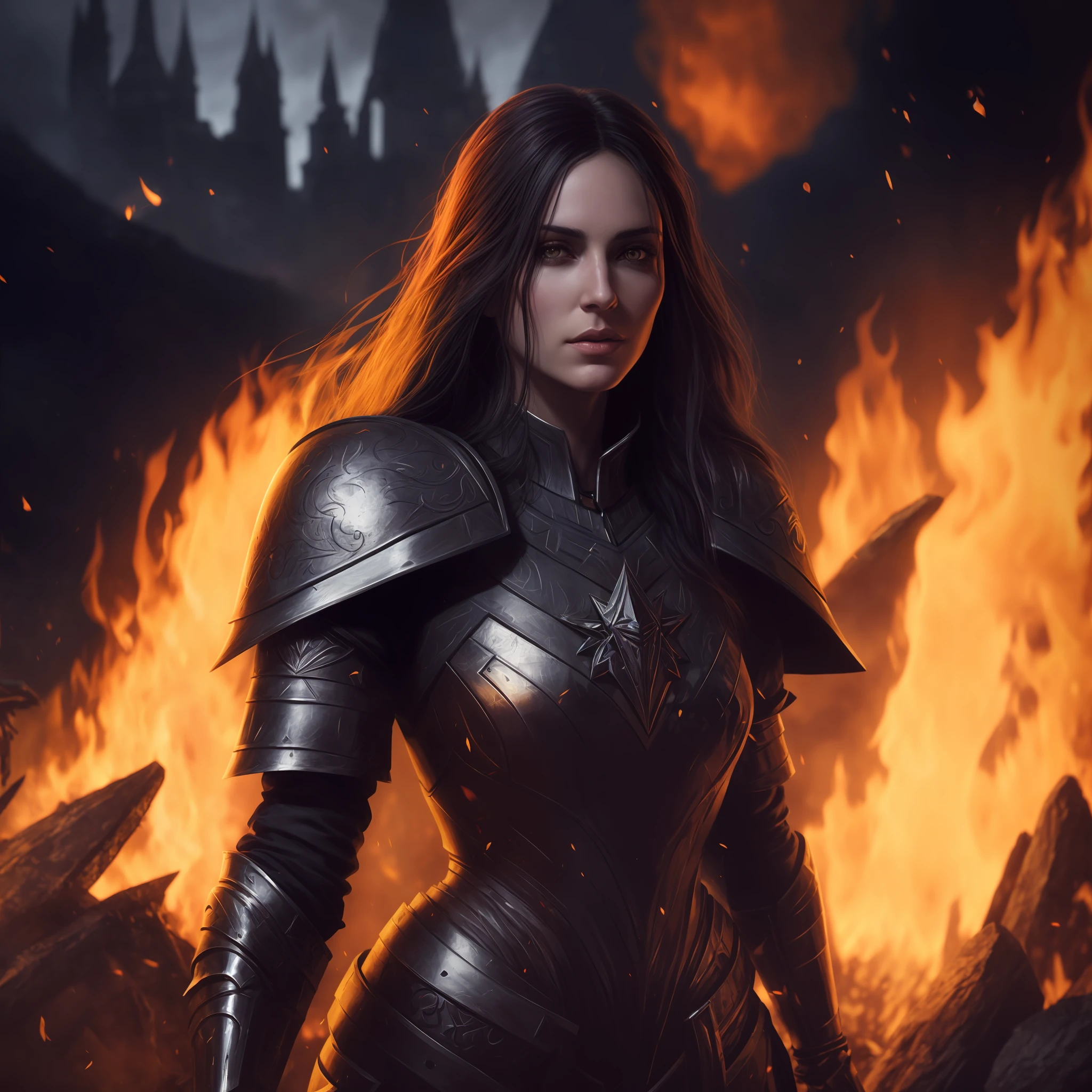 there is a woman in armor standing in front of a fire, alexandra fomina artstation, yennefer of vengerberg, portrait of female paladin, fantasy paladin woman, alena aenami and artgerm, dark fantasy style art, epic exquisite character art, fantasy concept art portrait, epic fantasy digital art style, flame conjuring armored