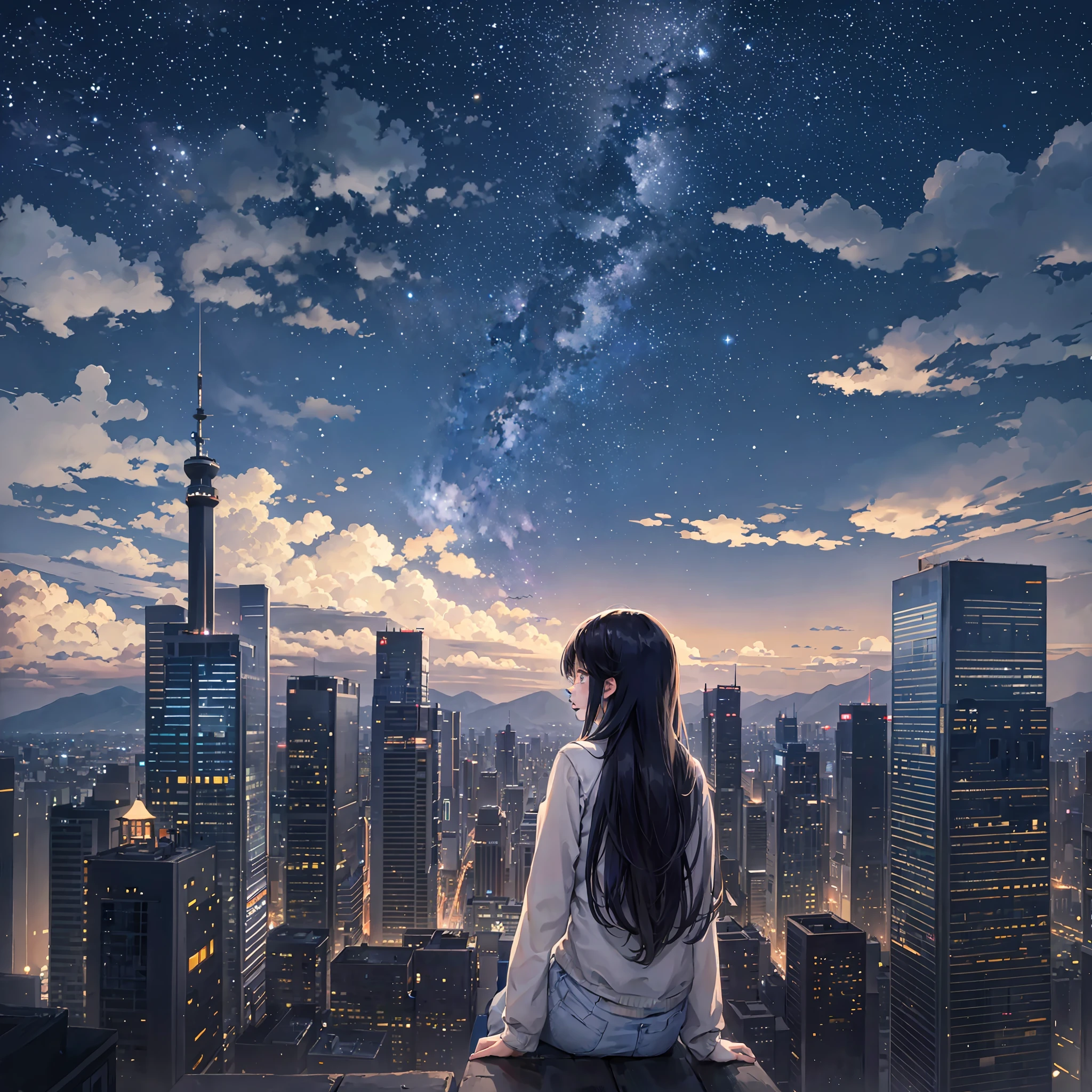sky, star(sky), landscape, starry sky, night, one girl, night sky, solo, outdoors, building, clouds, milky way, sitting, tree, long hair, urban, silhouette, cityscape, chinese traditional ink painting,