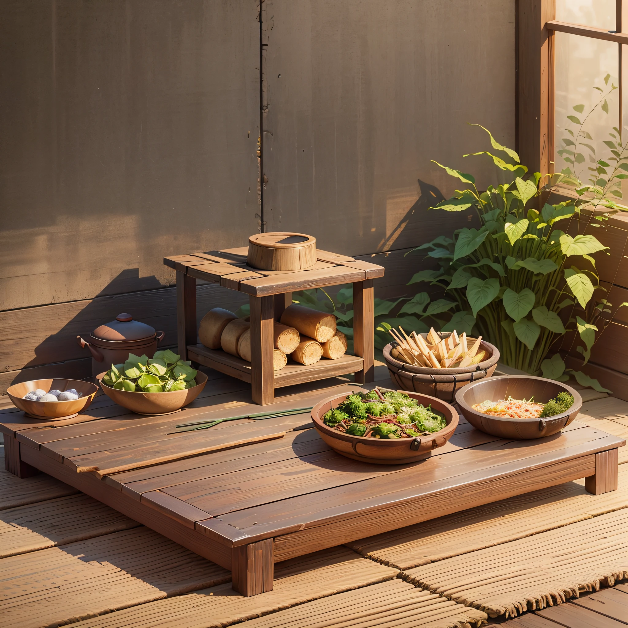 A square table, used in rural China, solid wood, high-precision details, nostalgia, the background is a rural home, brick house, tiles, green plants, lunch boxes, bowls and chopsticks, piece frames, meal trays, bamboo hats, firewood, firewood, real photo style, realistic --auto --s2