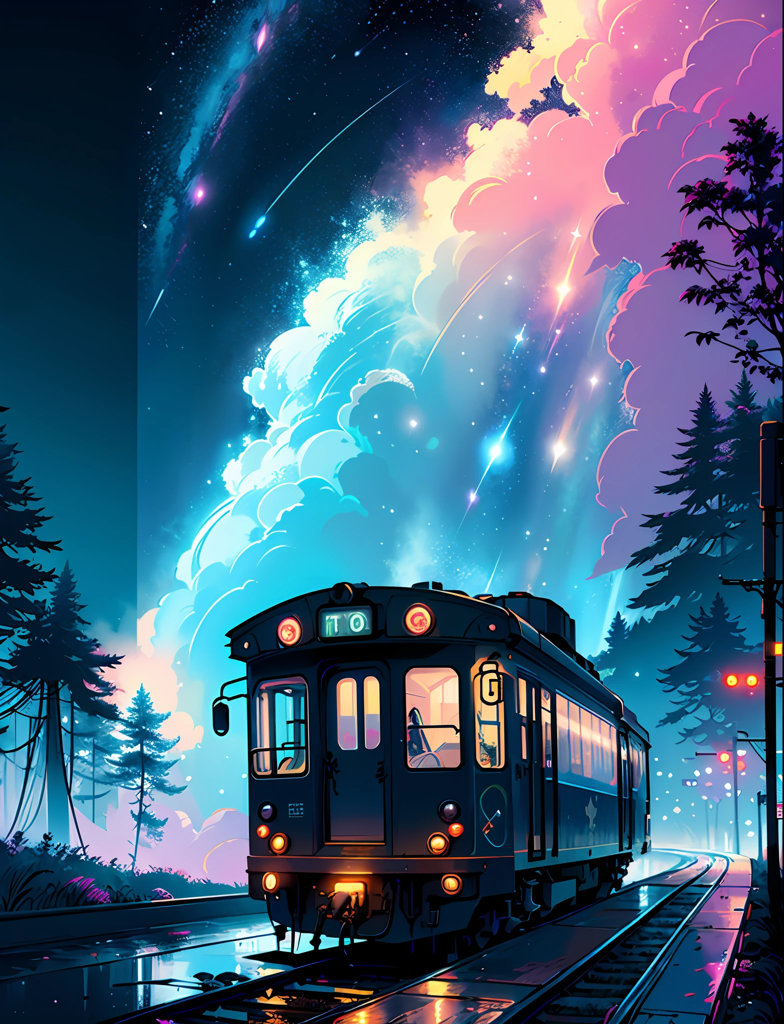 A steep chic train on a wet road. ,neon lights, neon galaxies, huge crystal moon, starry sky,,, in love Hemp, leaf, marijuana, cannabis, ((illustration)), colorful, wallpaper, energy, secret, magical environment, omniscience, prediction of the future, understanding the past, frost magic, --v 6