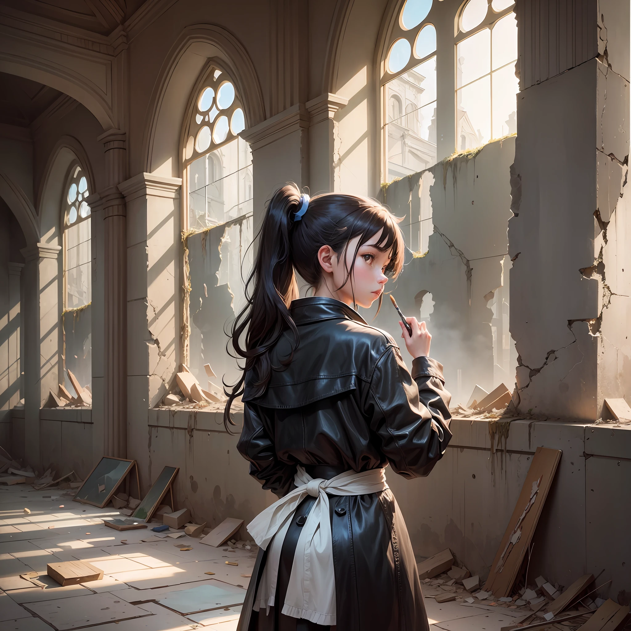 Anime art in the style of Makoto Shinkai and Guvez, anime artwork with exquisite picture quality and detailed depiction, a young female artist, wearing a black trench coat and her hair combed into a ponytail, stands in the ruins of a church destroyed by war, with her back to the audience, holding a paintbrush in her hand.
There are still some stained glass windows left on the walls of the church, which contrast with the gray tones around it, symbolizing the artist's yearning and persistence for a better life.
The artist's back reveals a sense of confidence and determination, and she seems to be creating a work of her own, expressing her understanding and pursuit of freedom and soul. --auto --s2