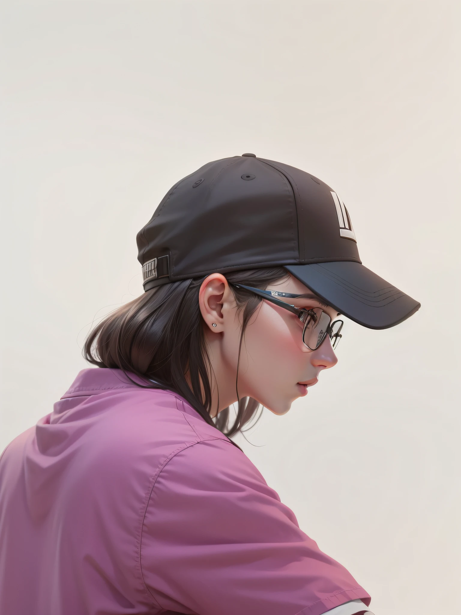 Girl with baseball cap; With black-framed glasses