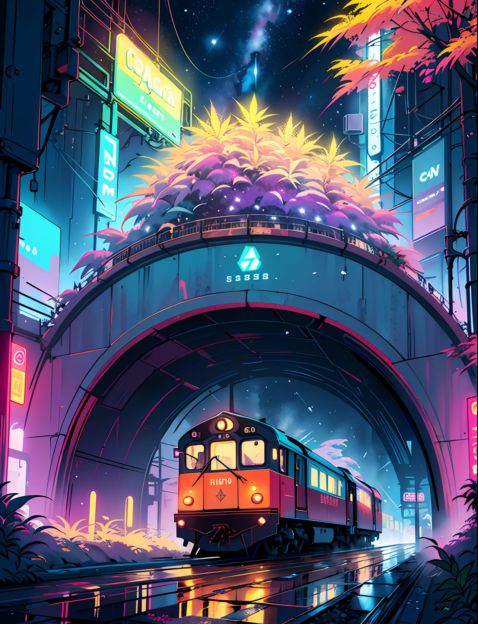 A steep chic train on a wet road. ,neon lights, neon galaxies, huge crystal moon, starry sky,,, in love Hemp, leaf, ?????????, ????????, ((illustration)), colorful, wallpaper, energy, secret, magical environment, omniscience, prediction of the future, understanding the past, frost magic, --v 6