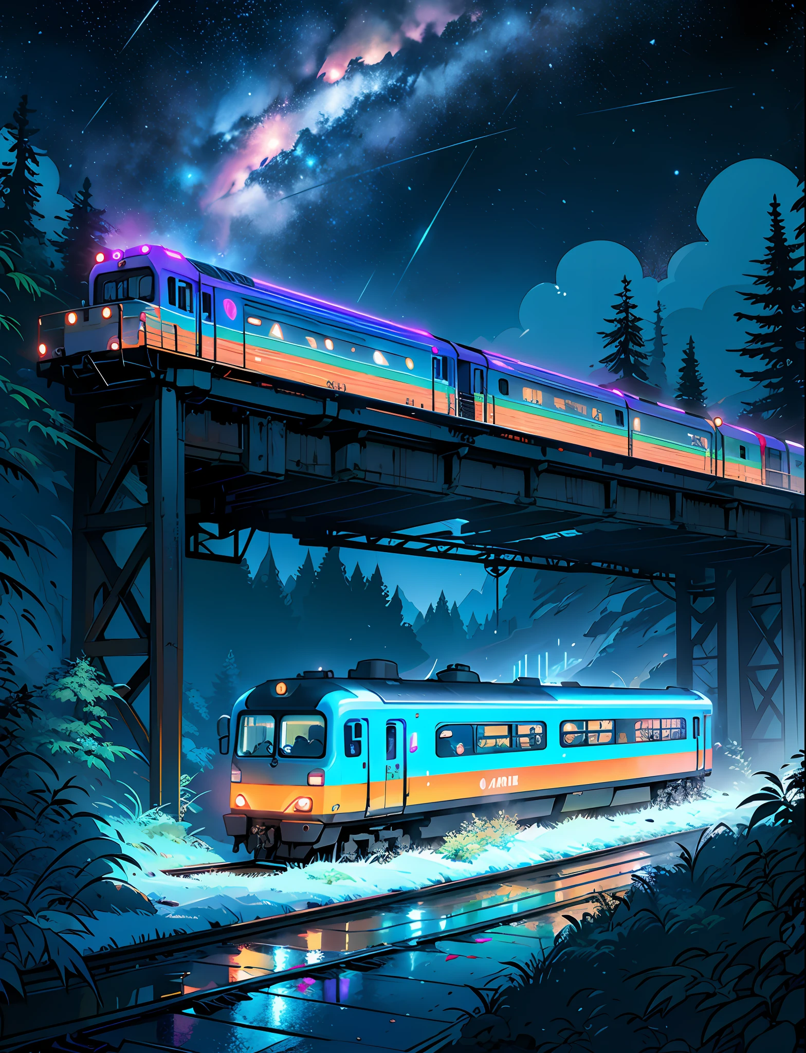 A steep chic train on a wet road. ,neon lights, neon galaxies, huge crystal moon, starry sky,,, in love Hemp, leaf, marijuana, cannabis, ((illustration)), colorful, wallpaper, energy, secret, magical environment, omniscience, prediction of the future, understanding the past, frost magic, --v 6