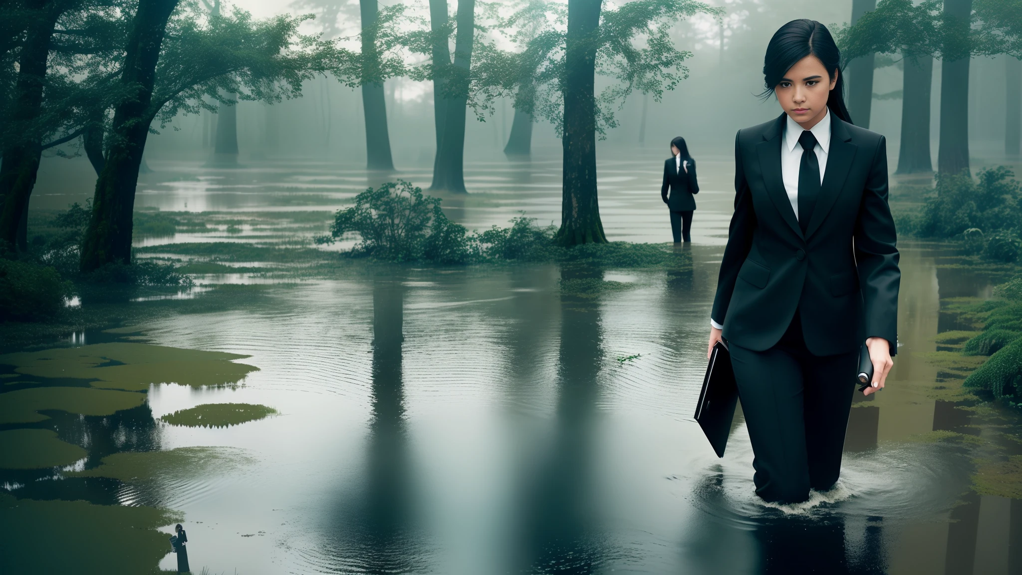 1girl , A tired beautiful woman wearing a black suit and tie, holding a briefcase, (in the far right of the frame:1.3), walking alone in a flooded mossy swamp, waist-deep water