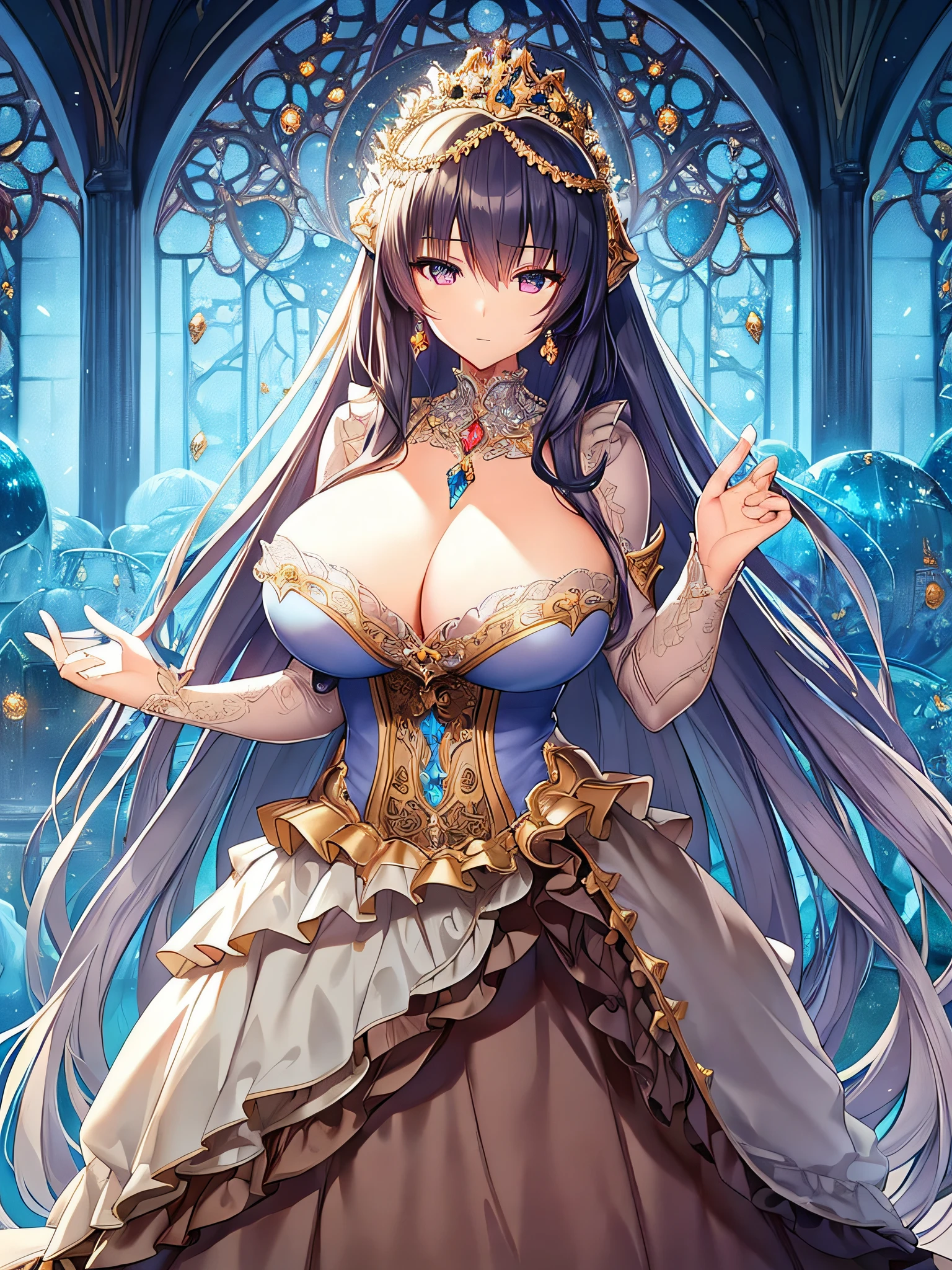 ((anime moe artstyle)),((game CG)),(Masterpiece),(Best Quality), (Super Detail),Illustration,(((Very Delicate and Beautiful))),Focus on character,Dynamic Angle,Looking at viewer,(((Solo))),((Full body)),(((1 fantasy princess in ball gown with a voluminous skirt))),detailed face and eyes,jewel-like eyes,(Very Long Hair),gorgeous embroidery and lace,See-through,ornate ruffles,(gigantic breasts,Long breasts),jeweled ball gown,(gorgeous ball gown with a voluminous skirt),