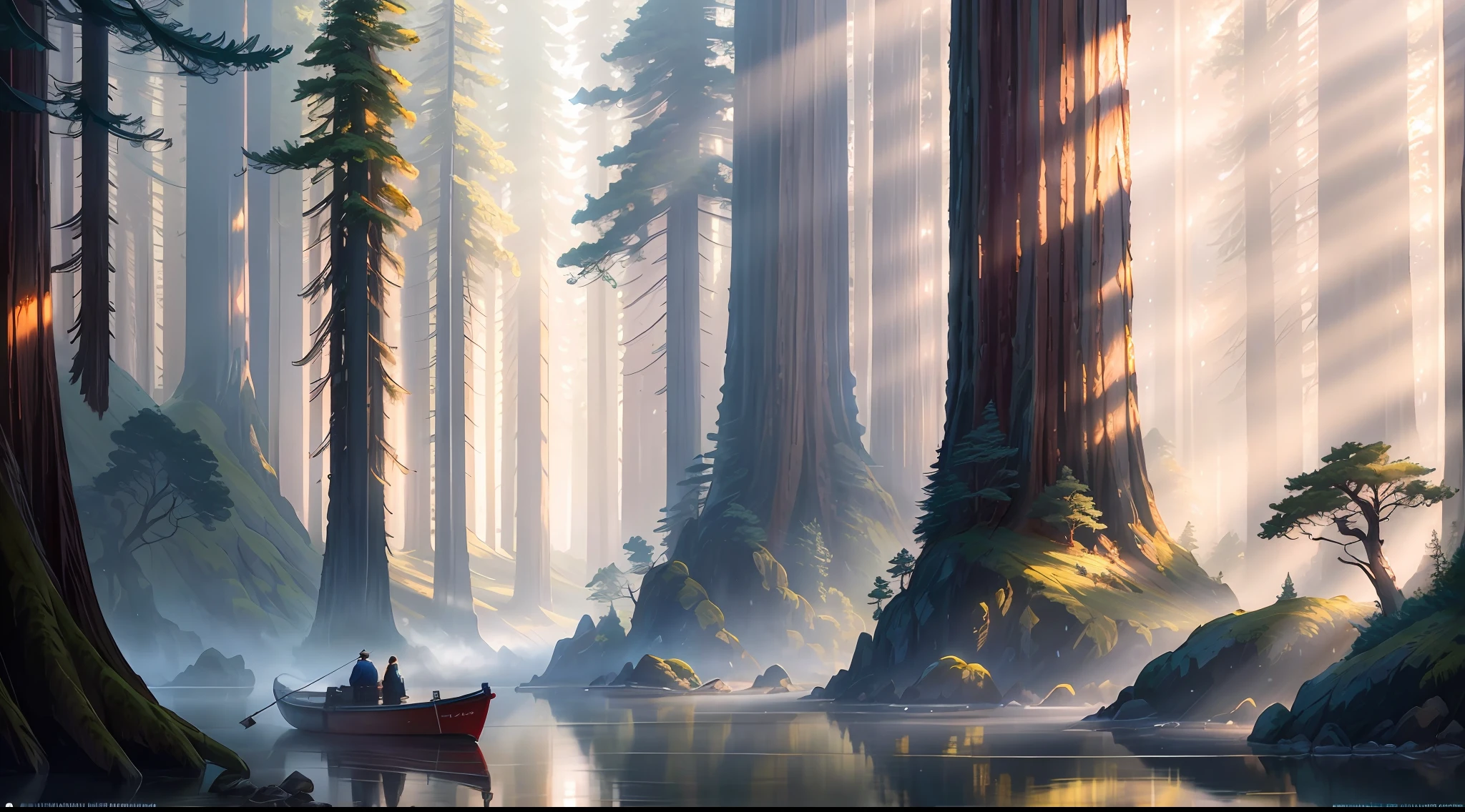 a detailed matte painting of a redwood forest in the Carboniferous, river, clean sky, modelshoot style, (extremely detailed unity 8k CG wallpaper), , high detail, professional majestic oil painting by Ed Blinkey, Atey Ghailan, Studio Ghibli, by Jeremy Mann, Greg Manchess, Antonio Moro, trend in ArtStation, trend in CGSociety, Intricate, High detail, Sharp focus,  Dramatic, Photorealistic Painting Art by Midjourney and Greg Rutkowski,View from the Top
 Wide-angle lens