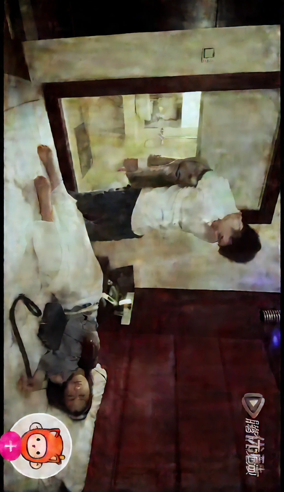 there are two people laying on a bed in a room, video still, scene from live action movie, youtube video screenshot, fight scene, 480p, 4 8 0 p, captura, screenshot from a movie, 8 feet fall, hyperreal movie shot, scene from a movie, horror dramatic moment, lying on back, head is up, upsidedown