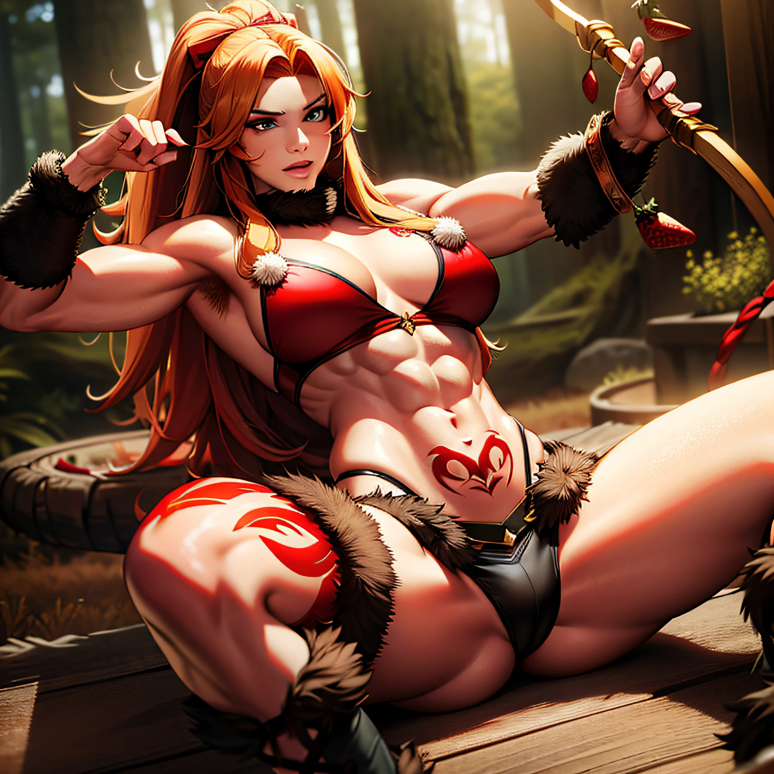 solo focus, a muscular woman with long strawberry blonde hair wearing fur pelts poses seductively for her lover, bow and arrows, tribal tattoos, dragon tattoos, exposed midriff, fur boots, fur top, fur skirt, messy hair, rustic, forest