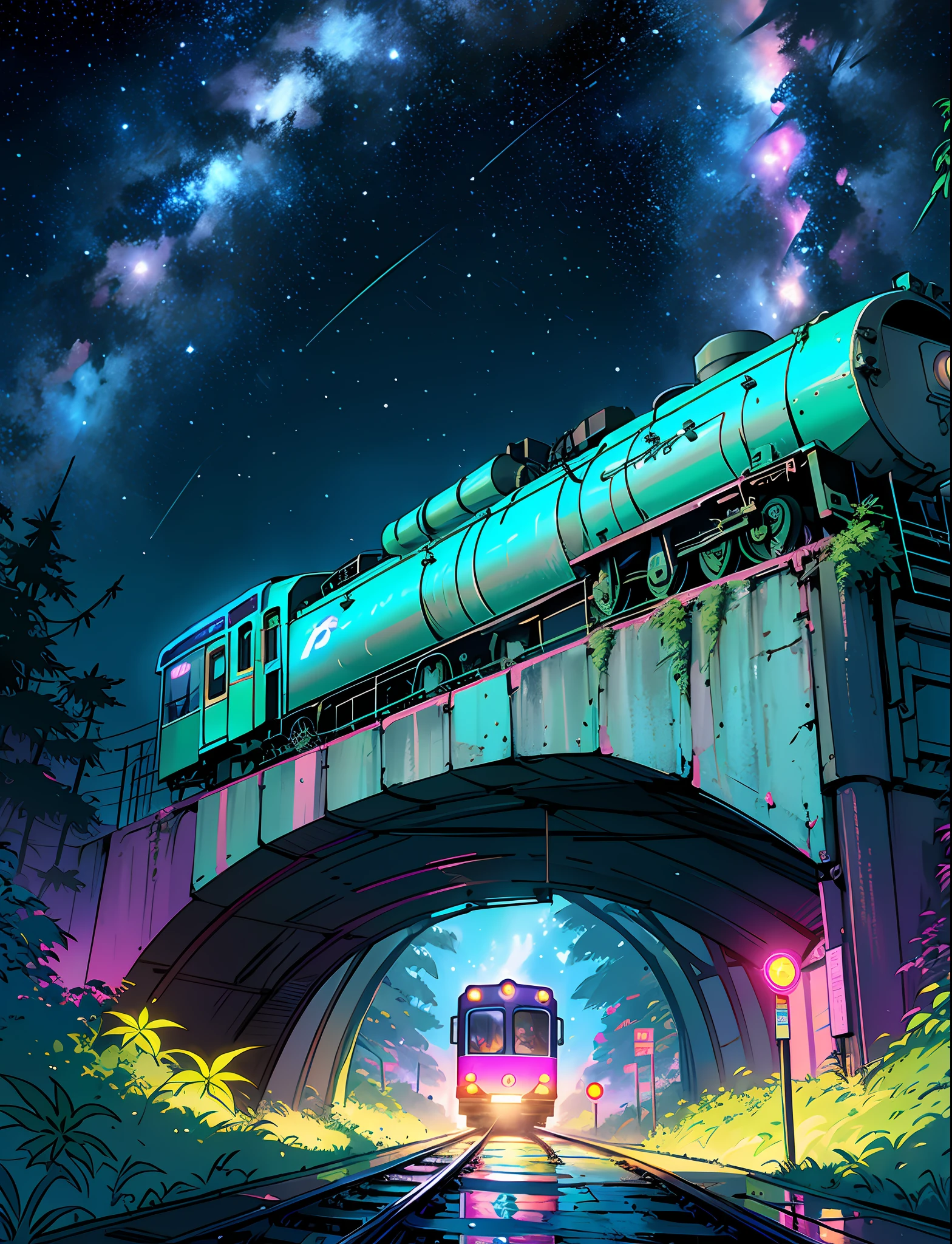 A steep chic train on a wet road. ,neon lights, neon galaxies, huge crystal moon, starry sky,,, in love Hemp, leaf, marijuana, cannabis, ((illustration)), colorful, wallpaper, energy, secret, magical environment, omniscience, prediction of the future, understanding the past, frost magic, --v 6