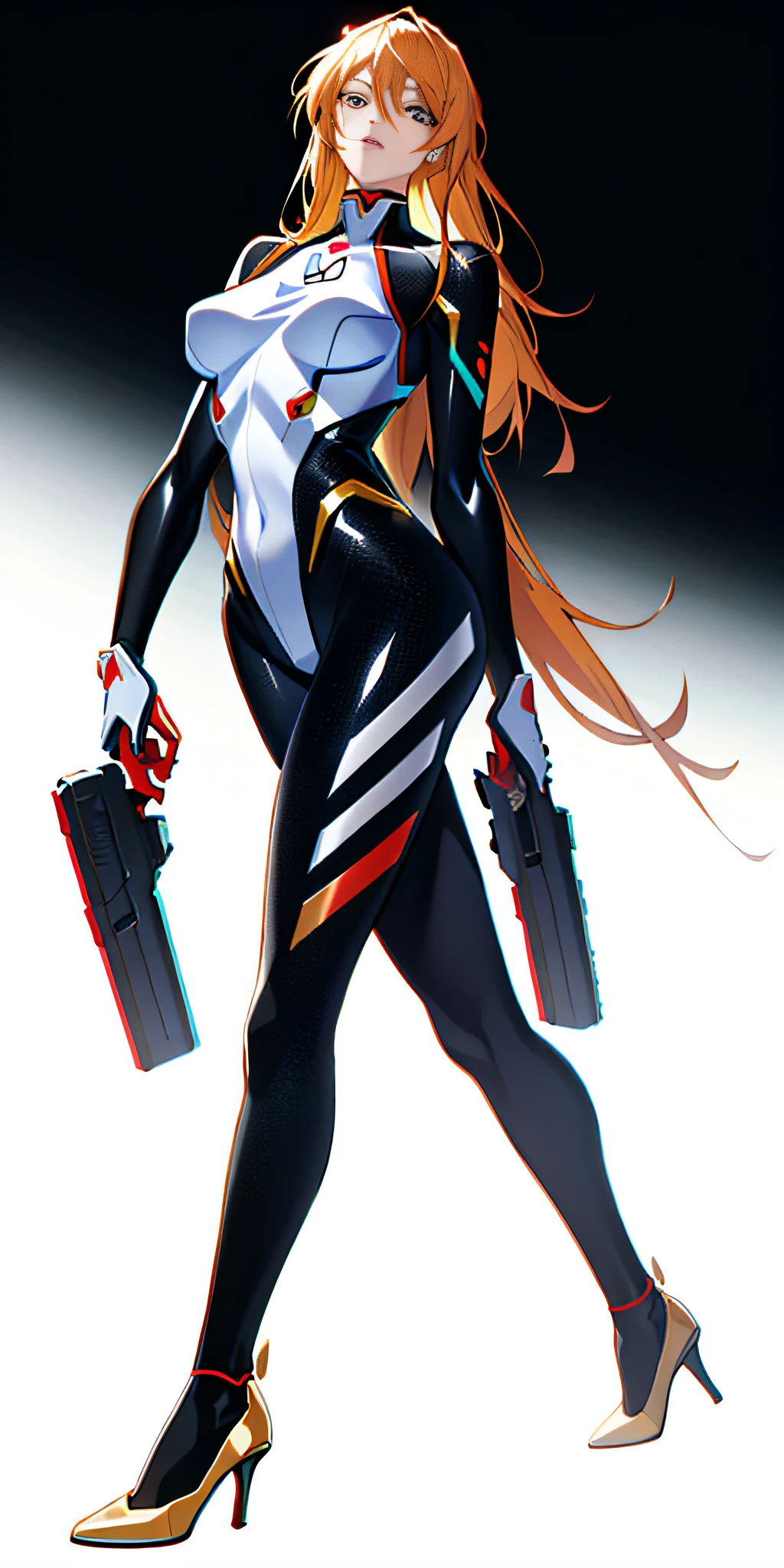 Drawing of woman in tights and high heels, full body painting, dynamic perspective pose, pistol in hand, dynamic, algorithmic art style, image detail, color balance, clear color, bright background, Asuka set! , anime style, high quality, 8K, masterpiece, high resolution, Frank Cho art direction, single point of view, white background.