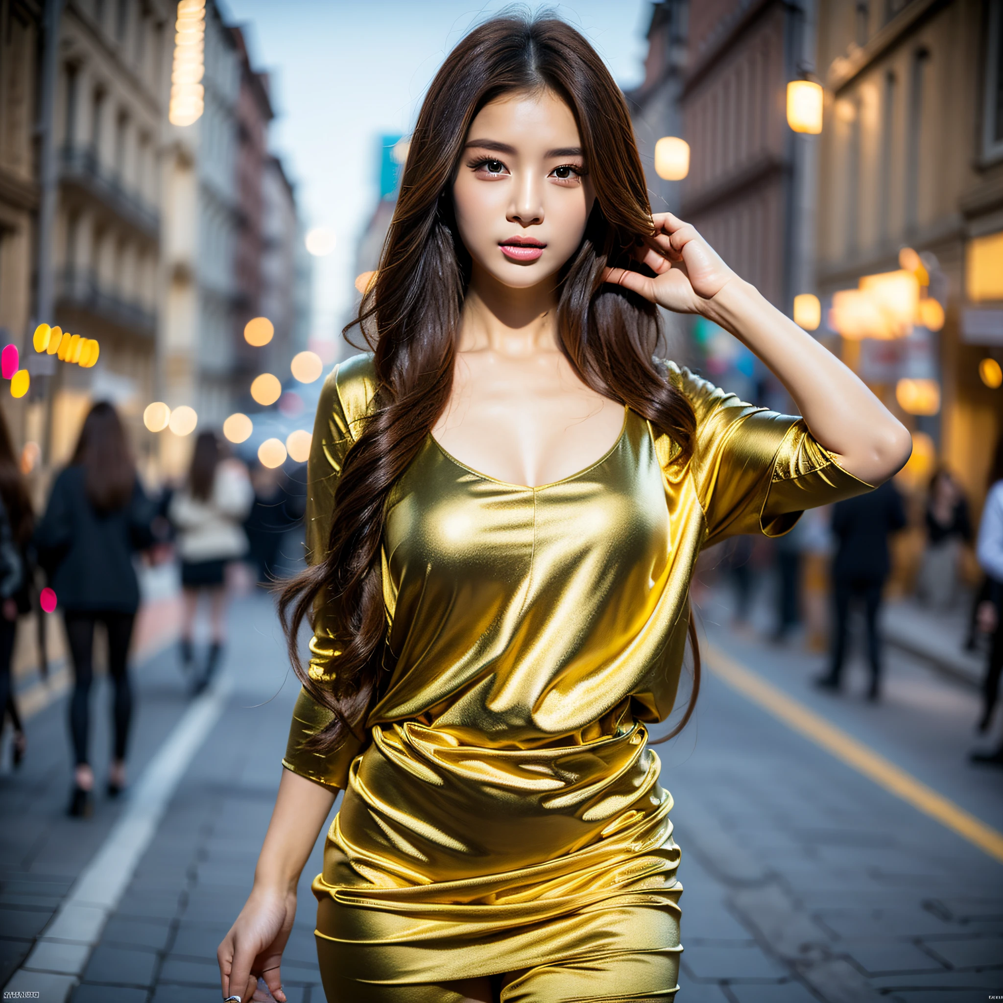 ((Realistic lighting, Best quality, 8K, Masterpiece: 1.3)), Clear focus: 1.2, (1 girl), Perfect Beauty: 1.4, Slim Abs: 1.1, (Light brown hair)), (Outdoor), City Night View, Super Fine Face, Fine Eyes, Double Eyelids, Full Body Shot