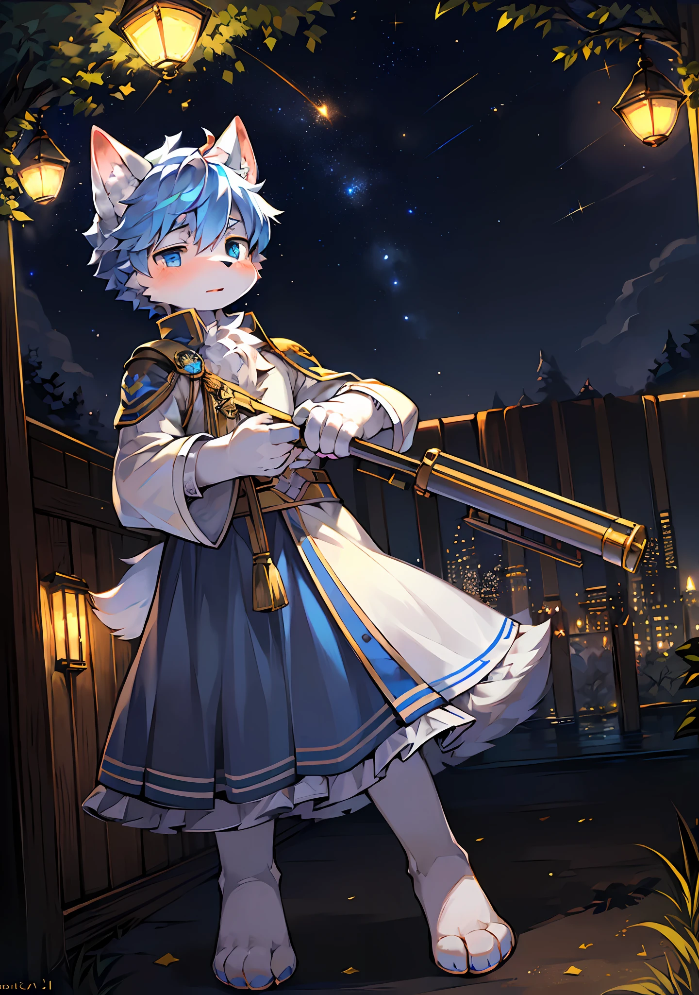 (masterpiece:1.3), (2D:1.0), (anime:1.0), (illustration:1.0), (sharp:1.2), (hard light:1.0), (shadow:1.0),(reflection, refraction:0.8), (light, dappled light, glare, lens flare, Tyndall effect: 1.0), (sharp, shiny: 1.0), (Best Quality: 1.2), (Ultra Fine: 1.0), (Extremely Complex: 1.0), (Blurred foreground, Cinematic Light, Ray Tracing: 1.1), (bright_colors, dark_intense_shadows: 1.1), (Impasto, Colorful: 1.2), (warm_light_from_below, glow_white_ particles:1.1),(Ensemble_Stars! _\(style\):0.95). wolf_boy,anthro,uploaded_on_e621,solo,upper_body,cowbow_shot,male_focus,furry_kemono,furry_male,cub,young_male,bishounen,11_years_old,kawaii,cute,fancy,fragile,cool, handsome. detailed_fluffy_fur,tuft,(white_fur,body_fur,oil_skin,skin_with_fluffy_fur:1.3),animal_nose,animal_ear_fluff,fluffy_paws,pawpads,animal_hand,fluffy_big_tail。 (bulletproof helmet, camouflage uniform, : 1.5), boy short hair, blue and white hair, full blue hair, blue eyes, bangs, shut up, light blush, bottomless, holding assault rifle, aiming with gun raised (feet apart, standing: 1.2) (night, starry_sky, crescent_moon, star_\(sky\), gem, plant, star_\(symbol\), sparkle), outdoor, landscape.