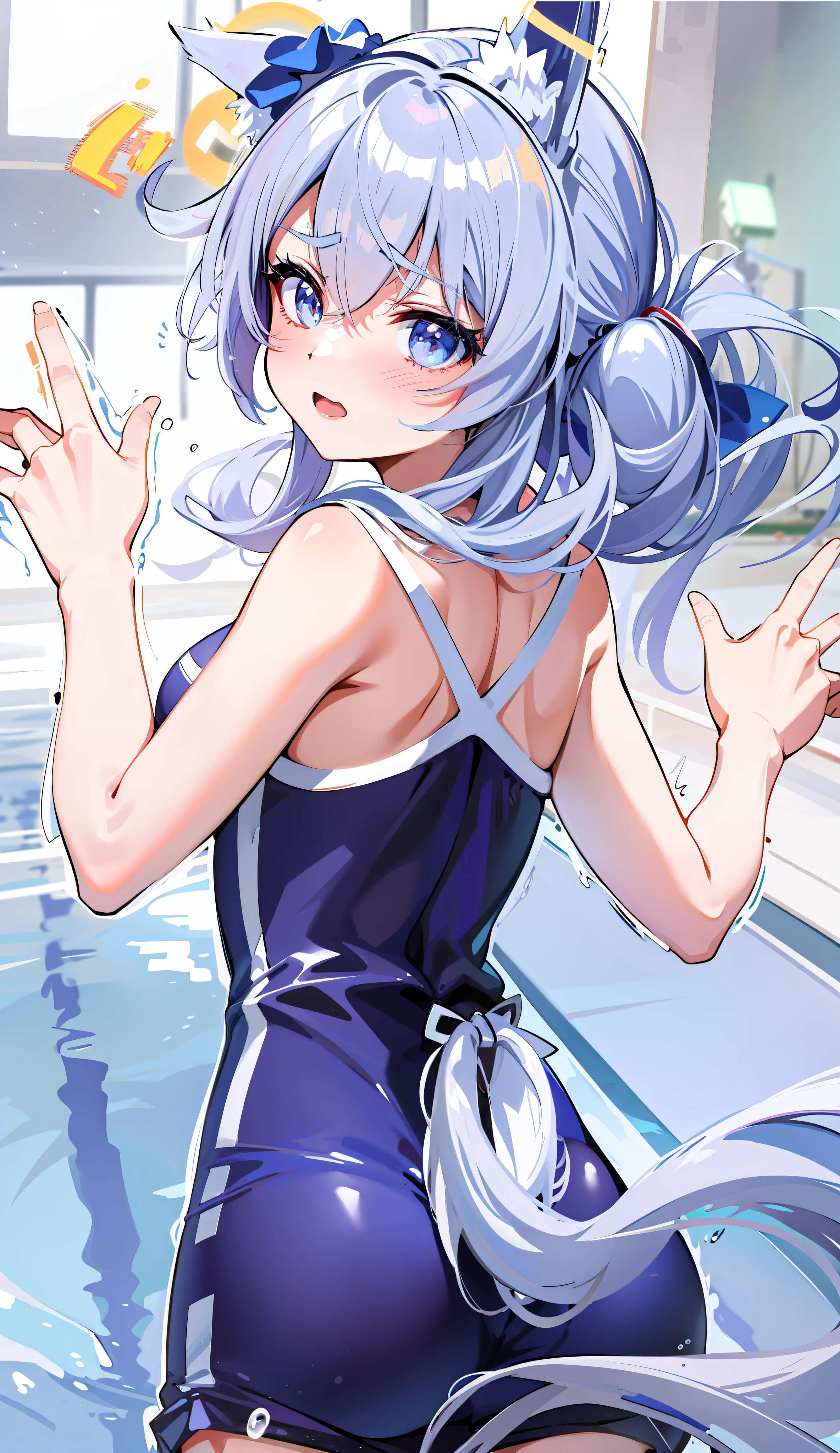 anime girl in a blue dress with a cat ears and tail, is wearing a swimsuit, splash art anime loli, anime moe artstyle, ahegao, marin kitagawa fanart, anime girl walking on water, rei hiroe, nyaruko-san, silver hair (ponytail), official art, wataru kajika, kantai collection style, swimsuit