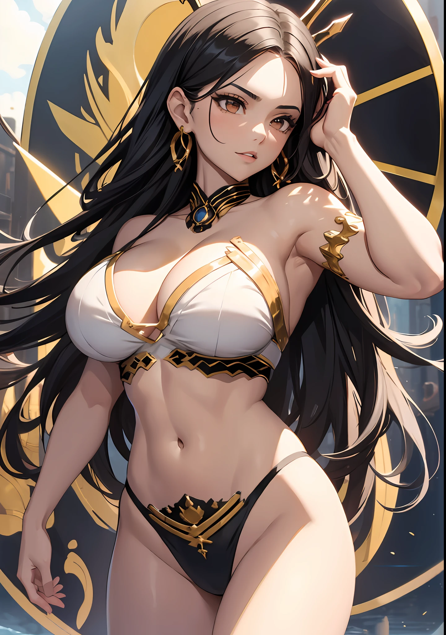 Best quality, masterpiece, beautiful girl in white-black-gold bikini, ishtar, divine, detailed, intricate, sexy, big boobs, ripped muscles, smug face, realistic, "cowboy shot"