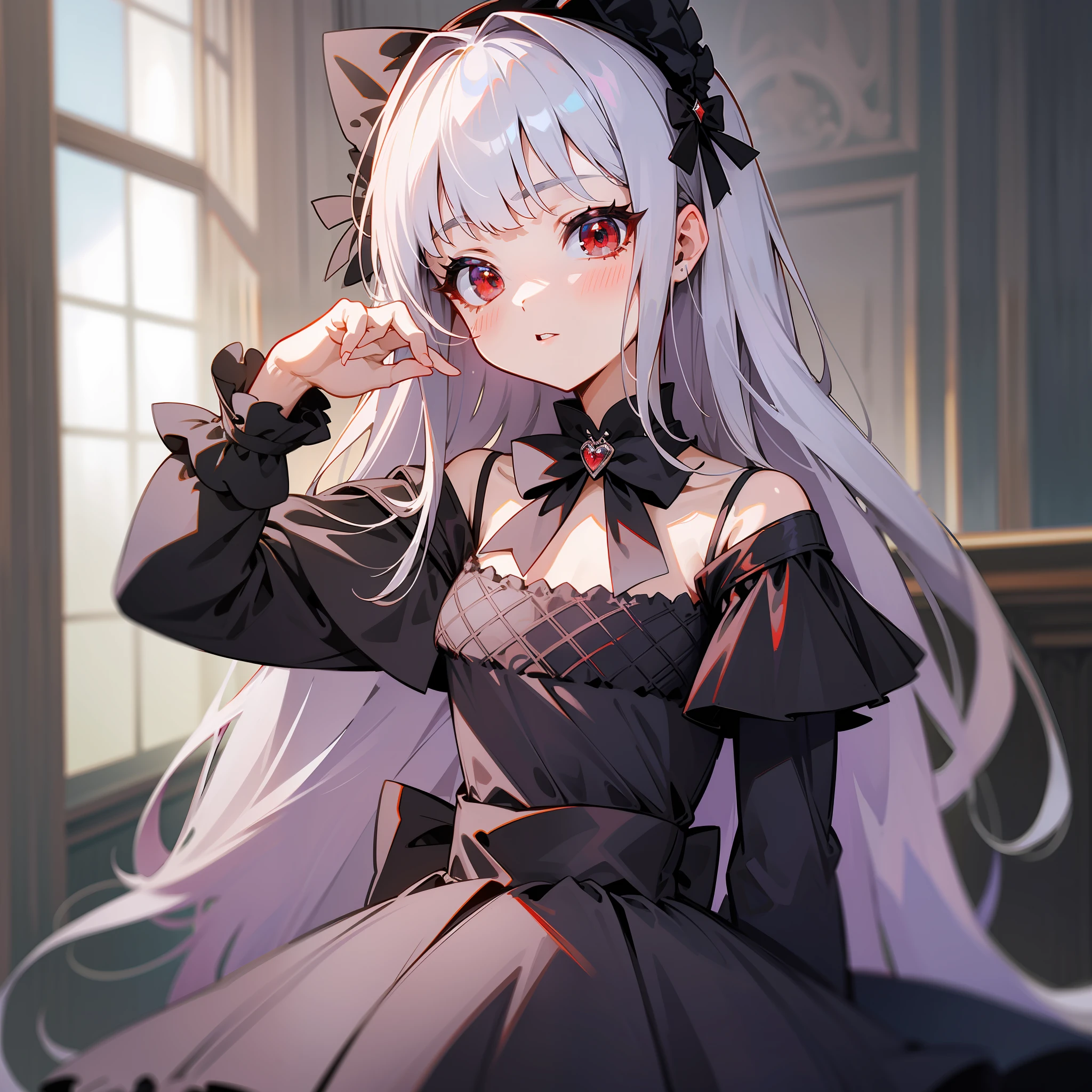 Sanni, li, silver hair, flat chest, dress, off-the-shoulder, 8k, super detail, 16k, masterpiece, best quality, super detail, high details, long hair, princess cut, lolita, lolita outfit, red eyes, upper body, black bow,