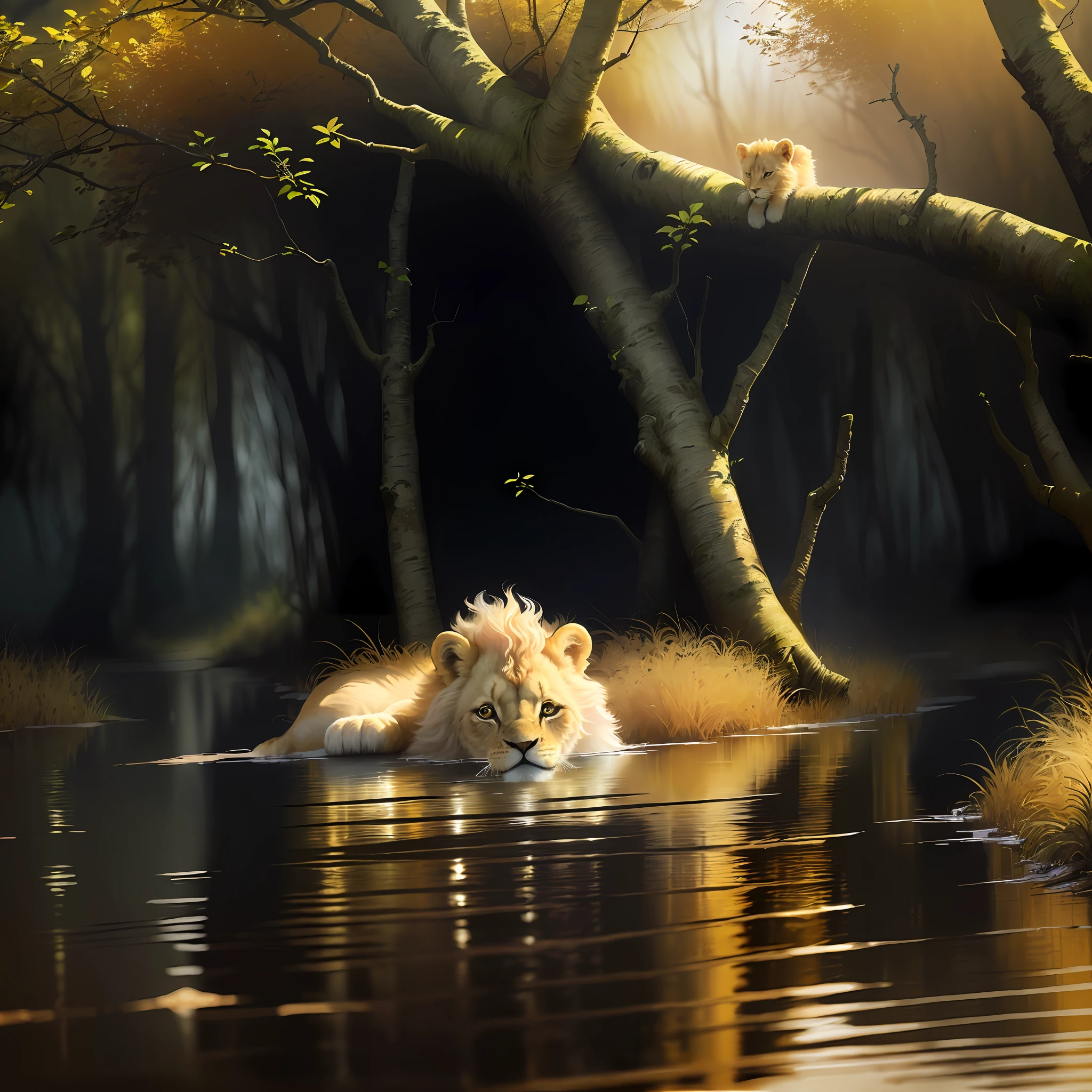 lion cub ((albino)) very cute, baby lion cub with big and bright eyes, realistic hair in high definition, cute little lion, best quality, wallpaper 4k, matte digital painting 4k hd, swamp landscape, mystical forest