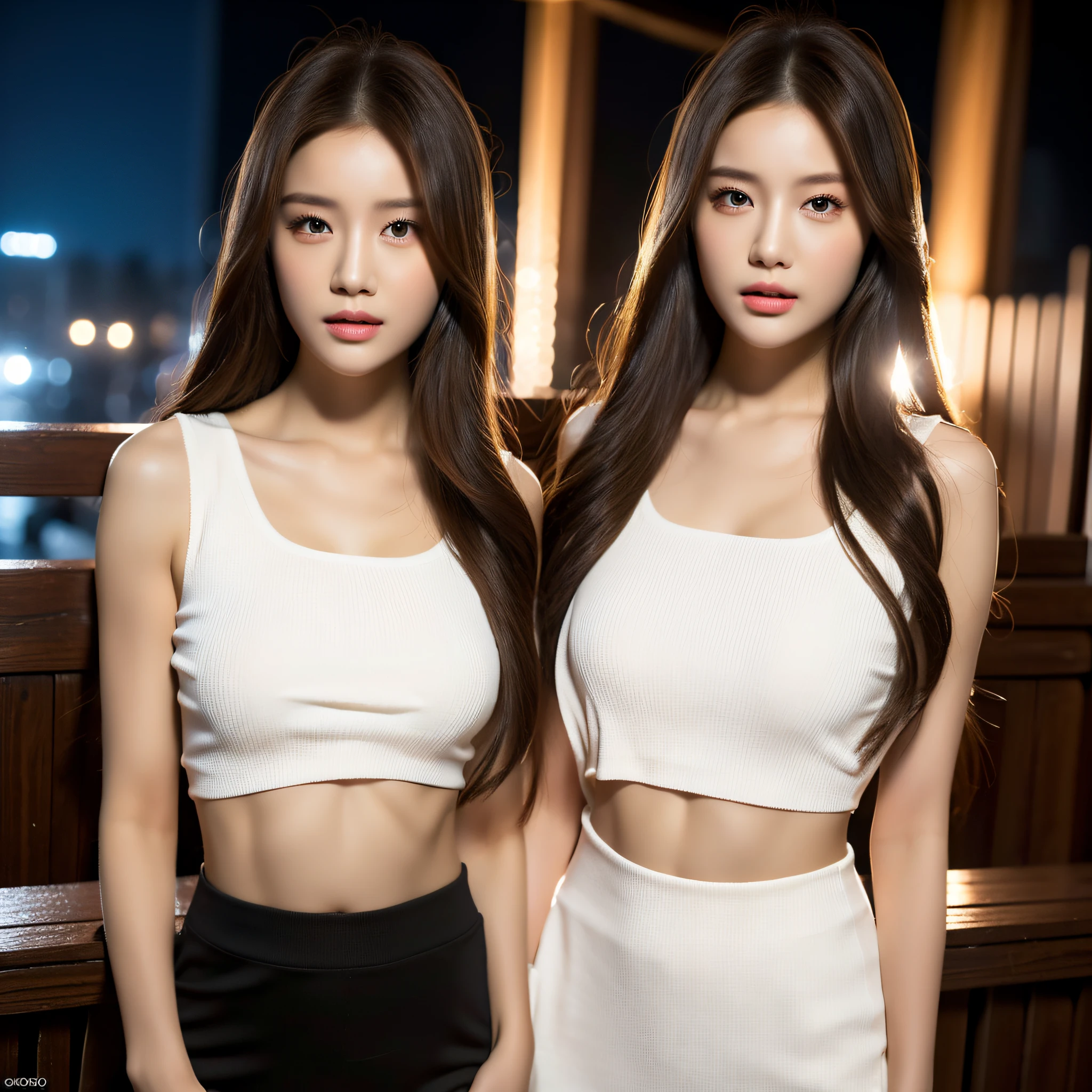 ((Realistic lighting, Best quality, 8K, Masterpiece: 1.3)), Clear focus: 1.2, (1 girl), Perfect Beauty: 1.4, Slim Abs: 1.1, (Light brown hair)), (Outdoor), City Night View, Super Fine Face, Fine Eyes, Double Eyelids, Full Body Shot