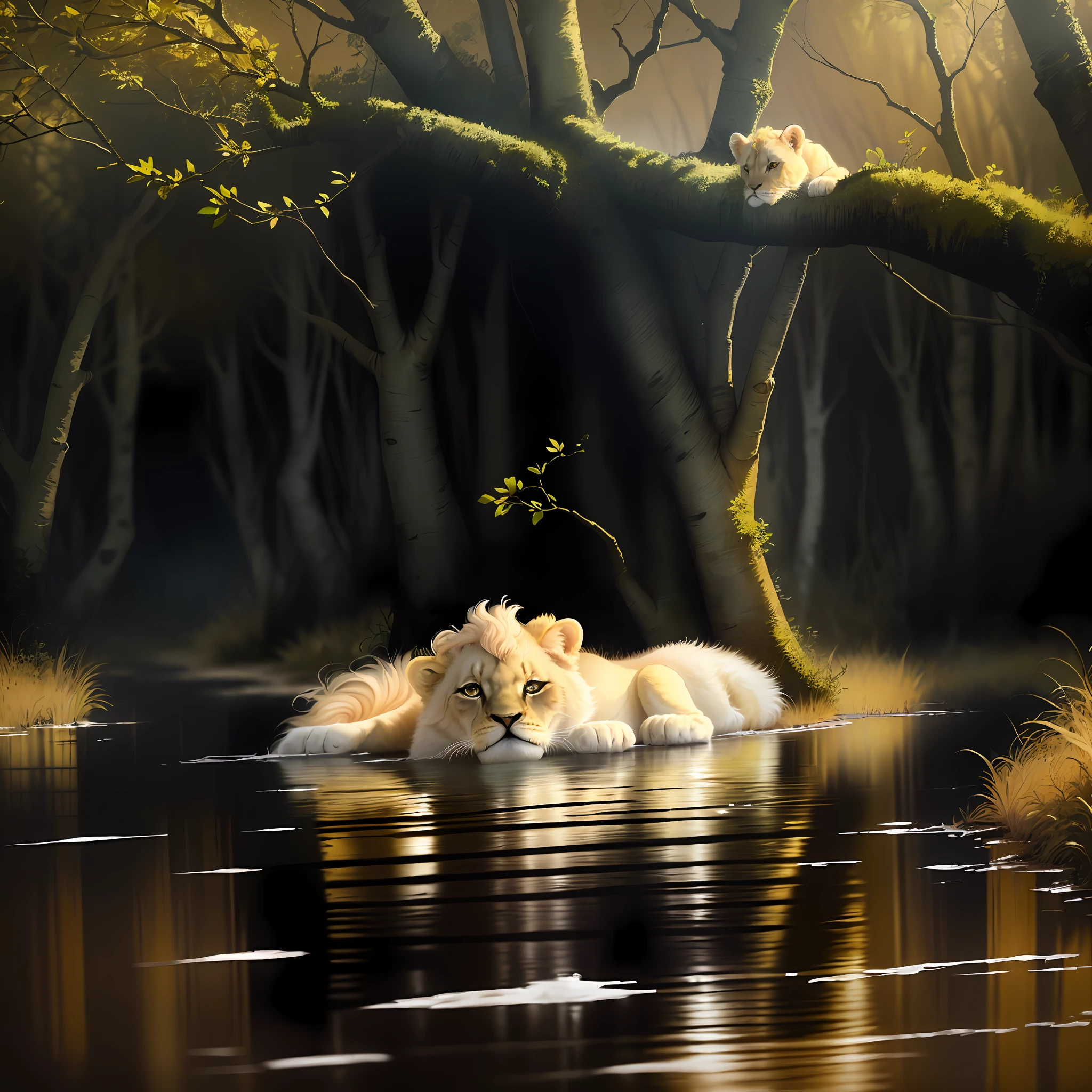 lion cub ((albino)) very cute,  lion cub with big and bright eyes, realistic hair in high definition, cute little lion, best quality, wallpaper 4k, matte digital painting 4k hd, swamp landscape, mystical forest