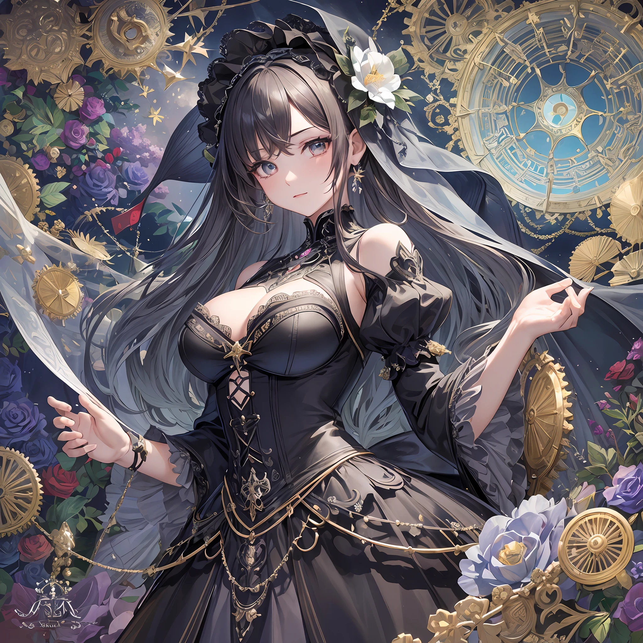 (masterpiece), ((highest quality)),(official art),(beautiful and beautiful:1.2),(Mechanical Gothic girl dress adorned with many gears and jewels, ultra-detailed embroidered dress, mechanical goth, mechanical gothic ta, ruffles, mechanical white lace veil, gothic bonnet decorated many gears: 1.8),(1 girl: 1.3), upper body, Armpit, a beautiful woman wearing a dress with a detailed and delicate design sealed in a crystal, and Taiki who grows up by taking in the sealed crystal. It shines faintly in the light of the midnight moon. Detailed drawing. Bright colors. Colorful, highest detail ((ultra detail)),(highly detailed 2D illustration),((very delicate and beautiful)))super detail, wakame, wakame, wakame, wakame, wakame, wakame, wakame, wakame, wakame, wakame, wakame, wakame, wakame, wakame, wakame