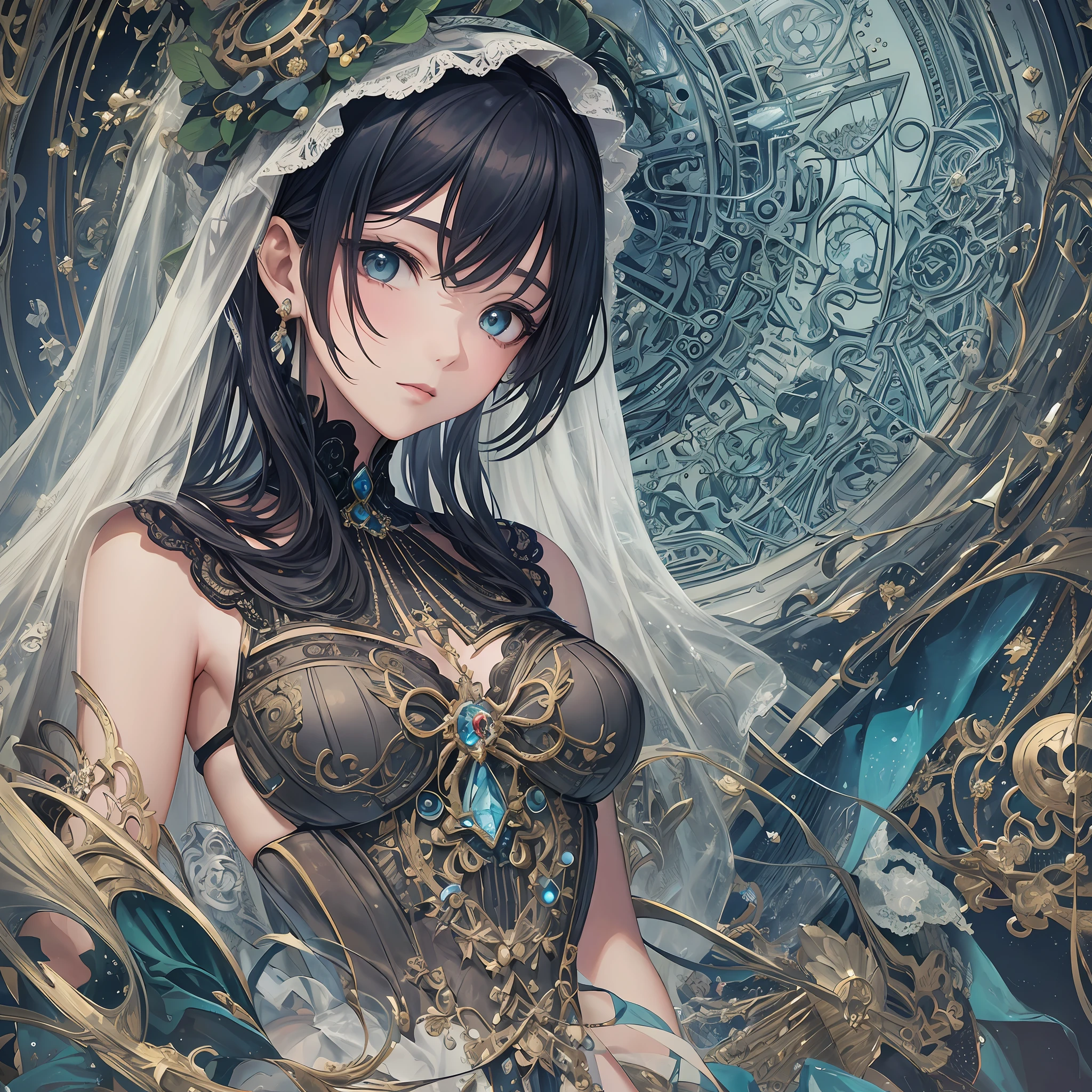 (masterpiece), ((highest quality)),(official art),(beautiful and beautiful:1.2),(Mechanical Gothic girl dress adorned with many gears and jewels, ultra-detailed embroidered dress, mechanical goth, mechanical gothic ta, ruffles, mechanical white lace veil, gothic bonnet decorated many gears: 1.8),(1 girl: 1.3), upper body, Armpit, a beautiful woman wearing a dress with a detailed and delicate design sealed in a crystal, and Taiki who grows up by taking in the sealed crystal. It shines faintly in the light of the midnight moon. Detailed drawing. Bright colors. Colorful, highest detail ((ultra detail)),(highly detailed 2D illustration),((very delicate and beautiful)))super detail, wakame, wakame, wakame, wakame, wakame, wakame, wakame, wakame, wakame, wakame, wakame, wakame, wakame, wakame, wakame