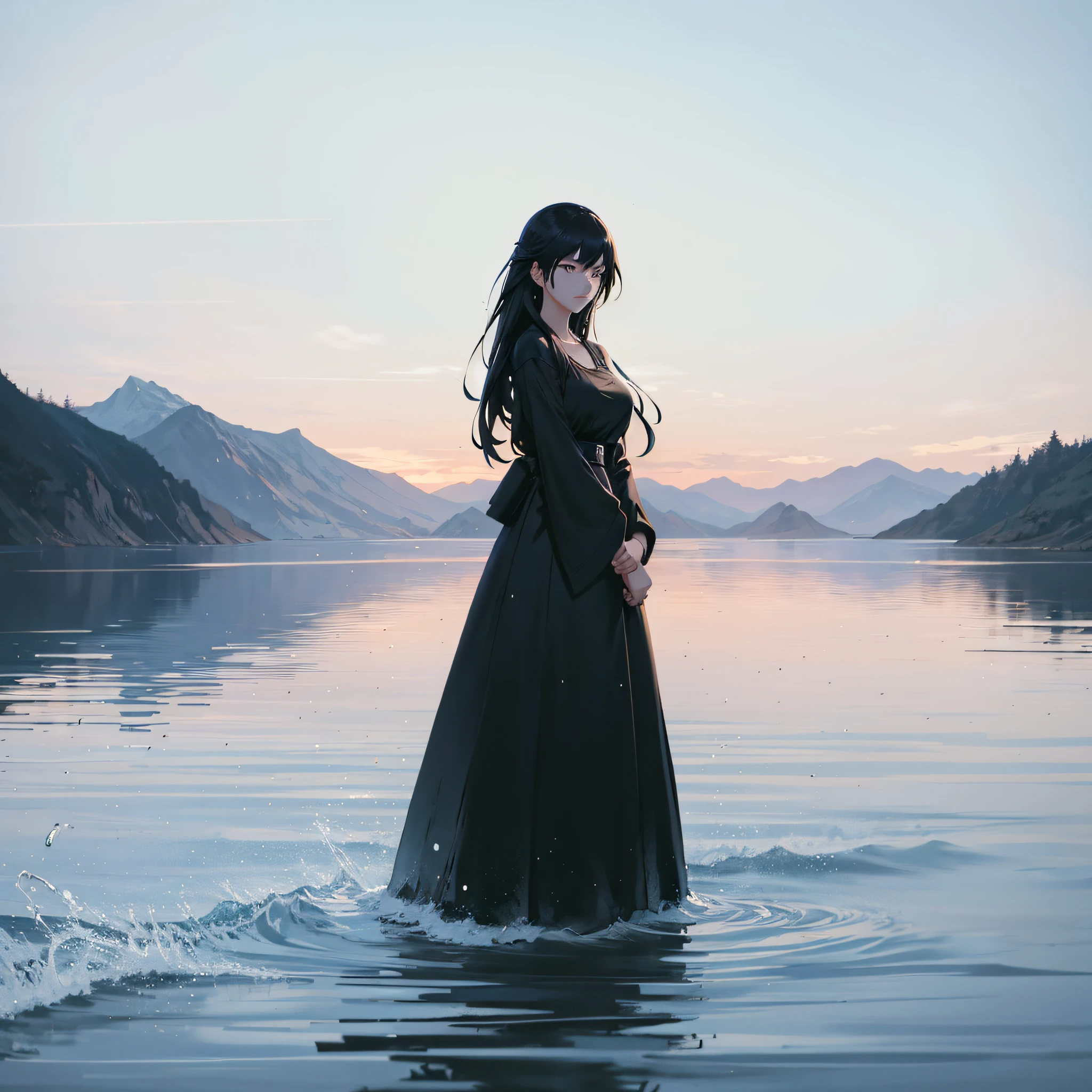 anime girl in black dress standing in water with mountains in background, artwork in the style of guweiz, serene illustration, style of aenami alena, anime girl walking on water, atey ghailan 8 k, style of alena aenami, a beautiful artwork illustration, reflections. by makoto shinkai, makoto shinkai cyril rolando