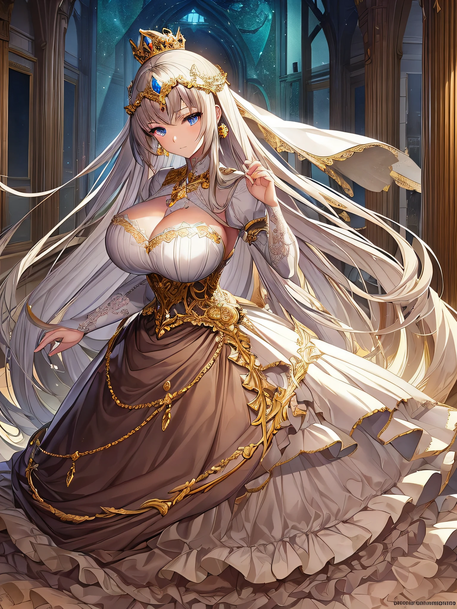 ((anime moe artstyle)),((game CG)),(Masterpiece),(Best Quality), (Super Detail),Illustration,(((Very Delicate and Beautiful))),Focus on character,Dynamic Angle,Looking at viewer,(((Solo))),((Full body)),(((1 fantasy princess in ball gown with a voluminous skirt))),detailed face and eyes,jewel-like eyes,(Very Long Hair),gorgeous embroidery and lace,See-through,ornate ruffles,(gigantic breasts,Long breasts),jeweled ball gown,(gorgeous ball gown with a voluminous skirt),