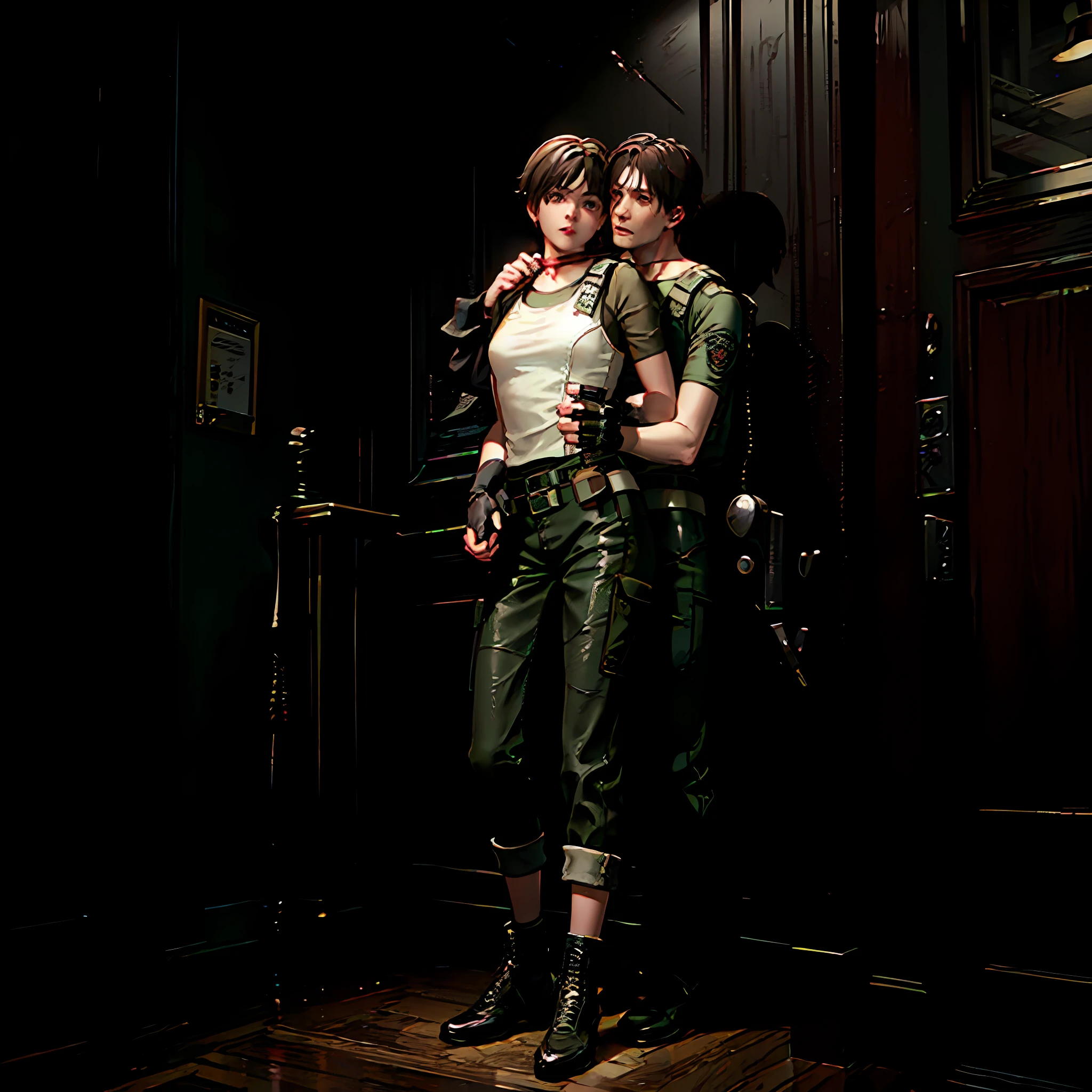 (rebecca_chambers), (re1costume), ((masterpiece)), ((best quality))), ((ultra-detailed)), ((illustration)), 1girl, ((hugging a boy)) looking at the viewer, Indoors, black gloves, night, hands behind the head,