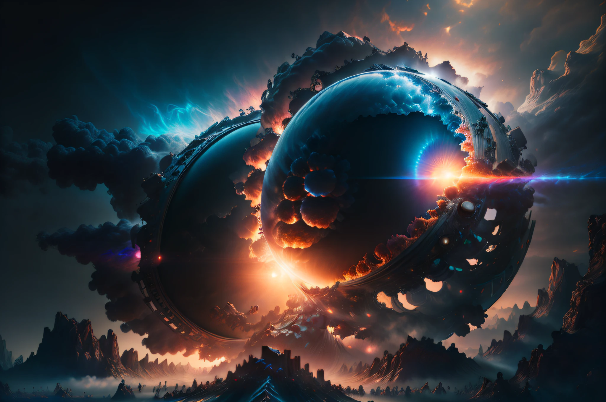 masterpiece, octane render, photorealistic, uhd, hdr, 8k, dslr, 30mm, Fujifilm XT3, film grain, RAW digital landscape photo of an exploding (emb-nuke2:1.2) (smoke planet:1.3), ultra detailed, sharp focus, hard shadows, bloom, volumetric lighting, trending on artstation