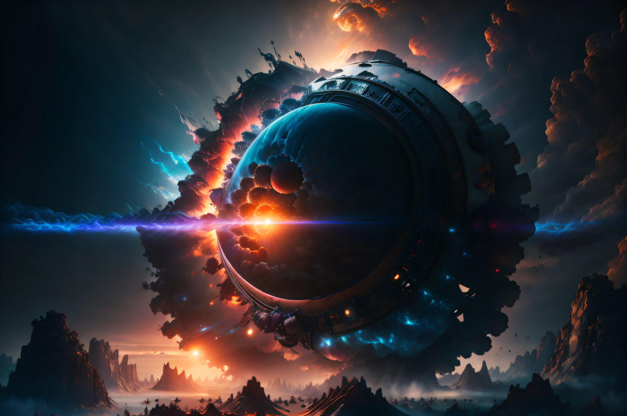 masterpiece, octane render, photorealistic, uhd, hdr, 8k, dslr, 30mm, Fujifilm XT3, film grain, RAW digital landscape photo of an exploding (emb-nuke2:1.2) (smoke planet:1.3), ultra detailed, sharp focus, hard shadows, bloom, volumetric lighting, trending on artstation