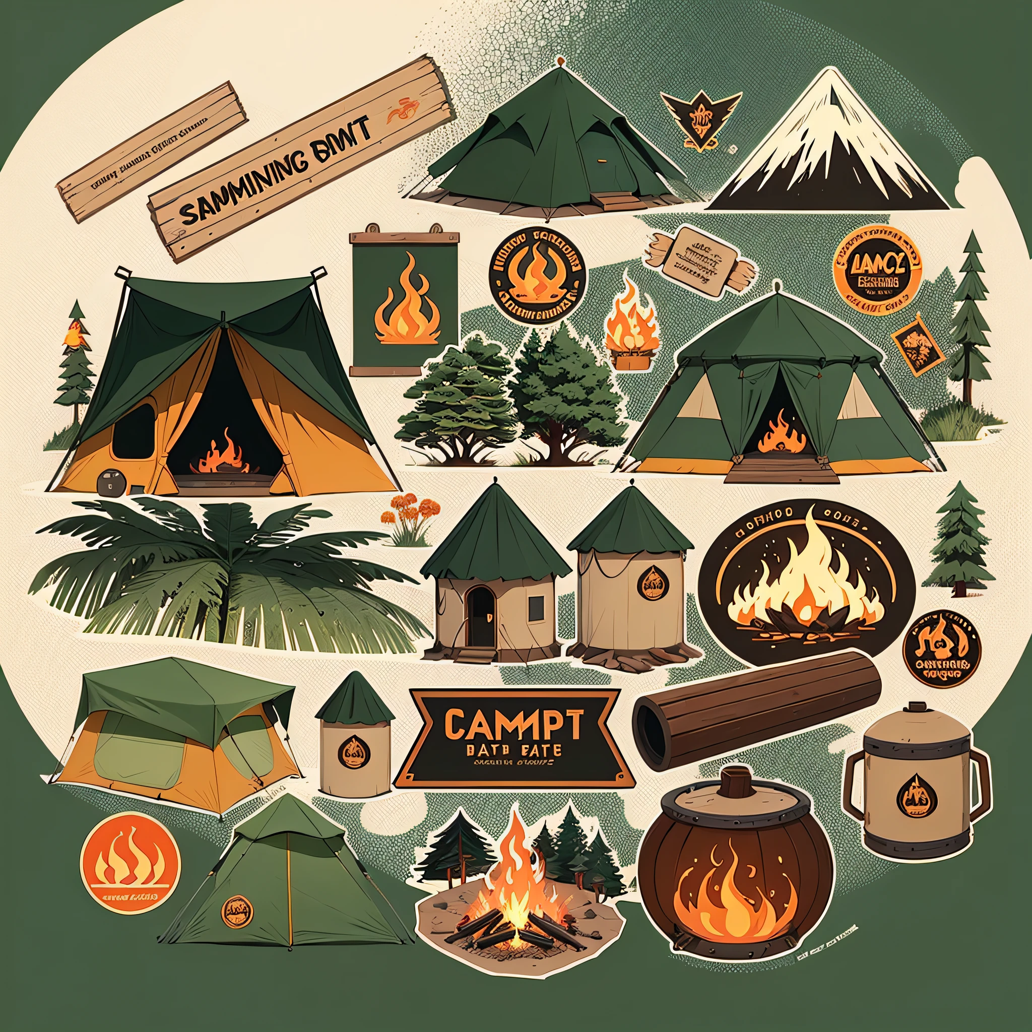 set of vintage camping badges and emblems, vector art by Mac Conner, trending on pixabay, sots art, camp fire, sticker design vector art, campfire, fire theme, campfire background, sticker illustration, 8 x, patch logo design, camping, fires, illustrated logo, nakolki, sticker design, stickers illustrations, barrel fires and tents, camp --auto --s2