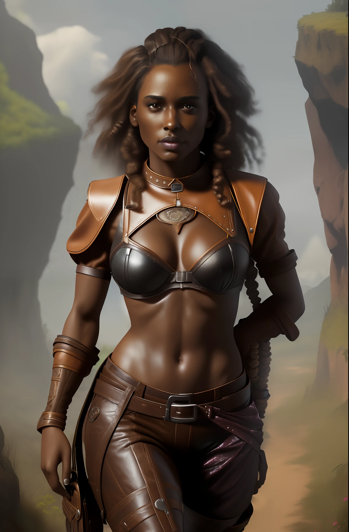 (best quality, masterpiece:1.2), A woman with brown skin, dark skin, portrait, bra, outdoors
breasts showing, leather clothing, curly hair with locks, surrealism, realistic, high detail, 8k
