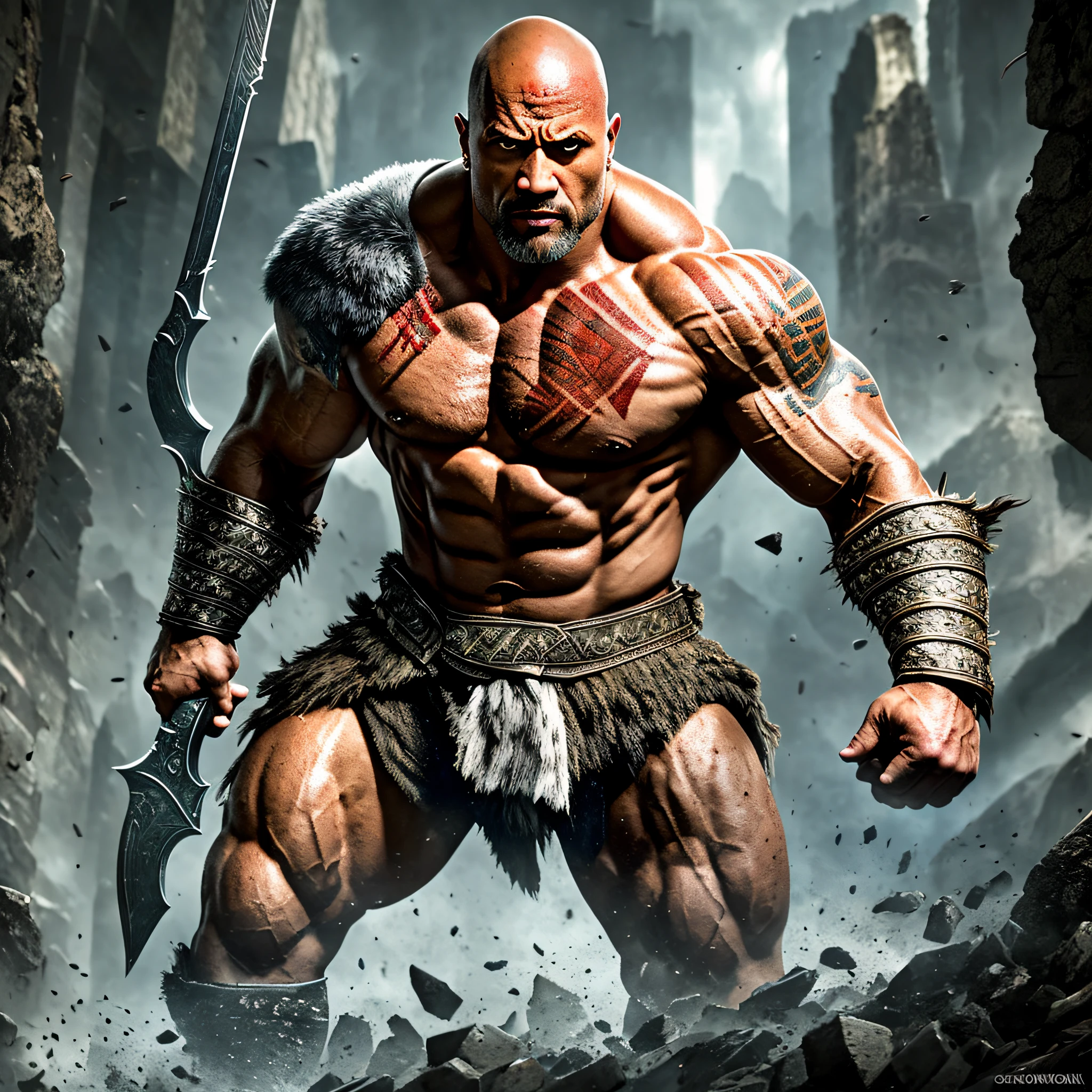 Picture Dwayne Johnson's imposing physique as he wields the Blades of Chaos, the iconic weapons of Kratos. Describe a battle scene where Kratos faces off against a horde of Surrealism, anaglyph, stereogram, tachi-e, pov, atmospheric perspective, 8k, super detail, ccurate, best quality, modern art, perfect photography, perfect framing, natural body, raytracing, rtx, 8k, RAW photos, highest quality, masterpiece: 1.7, Realistic, Photorealistic: 1.9 dark scenario, fotografia por christopher nolan, Perfect Figure: 1.4, Layered, Highly Detailed Face and Skin Texture, Detailed Eyes --auto --s2